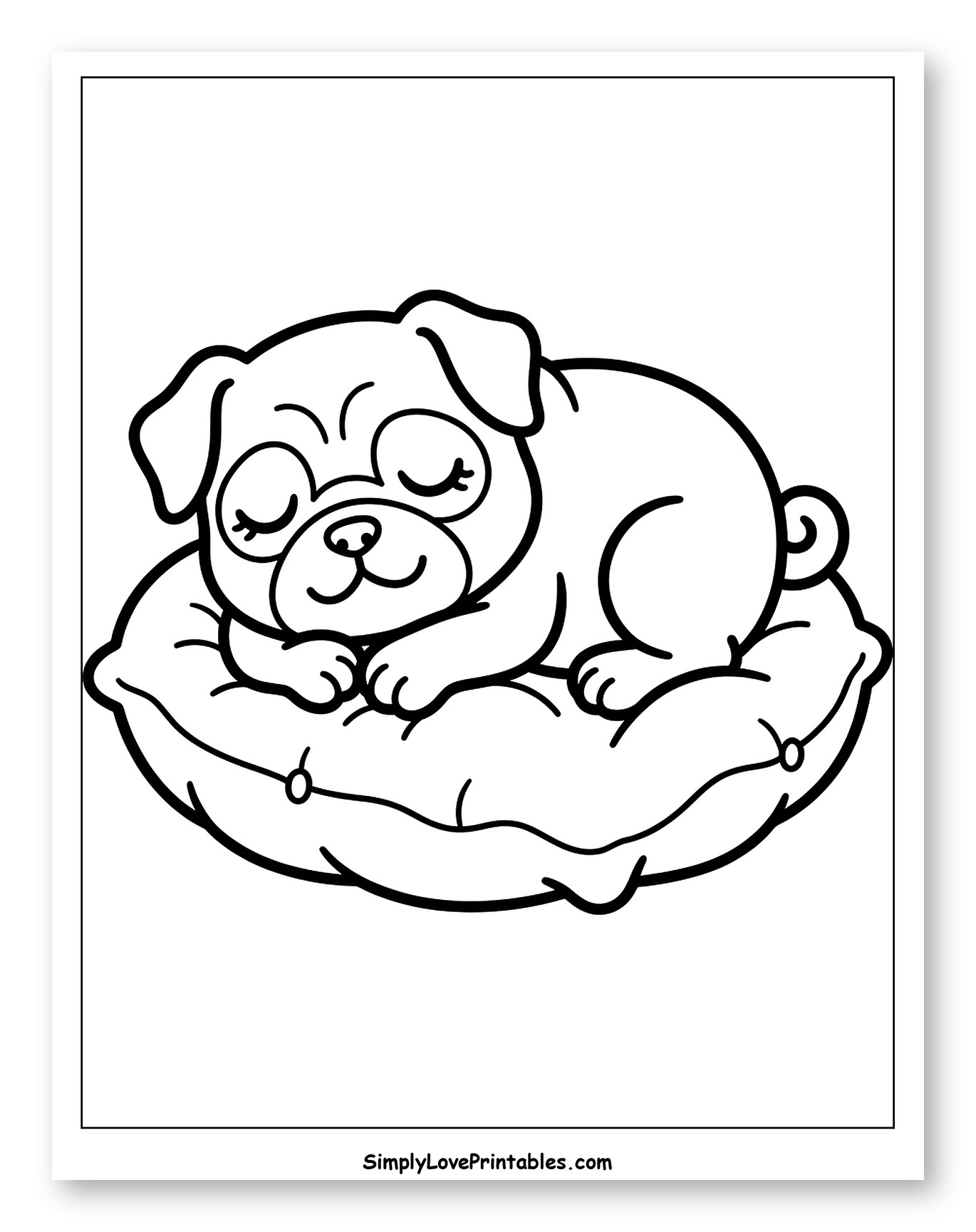 Cute Pug Puppy Sleeping on Pillow Coloring Sheet for Toddlers