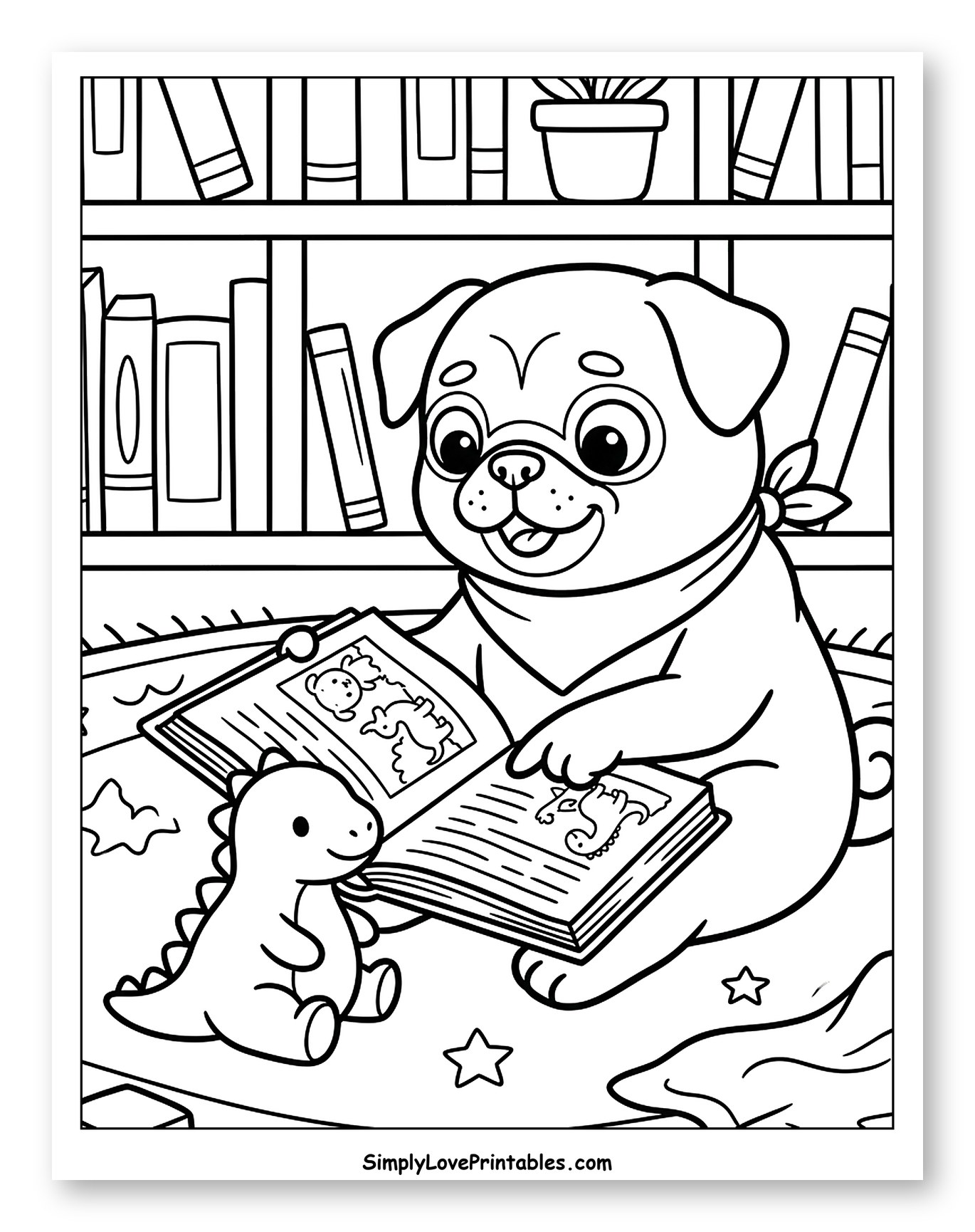 Cute Pug Reading a Story to a Dinosaur