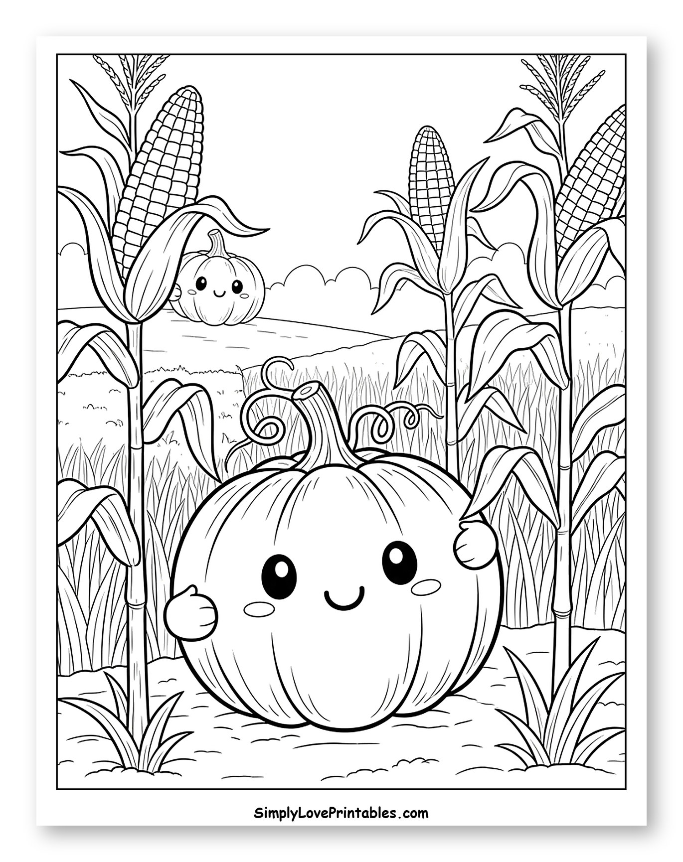 Cute Pumpkin in a Cornfield Harvest Scene Coloring Page for Kids