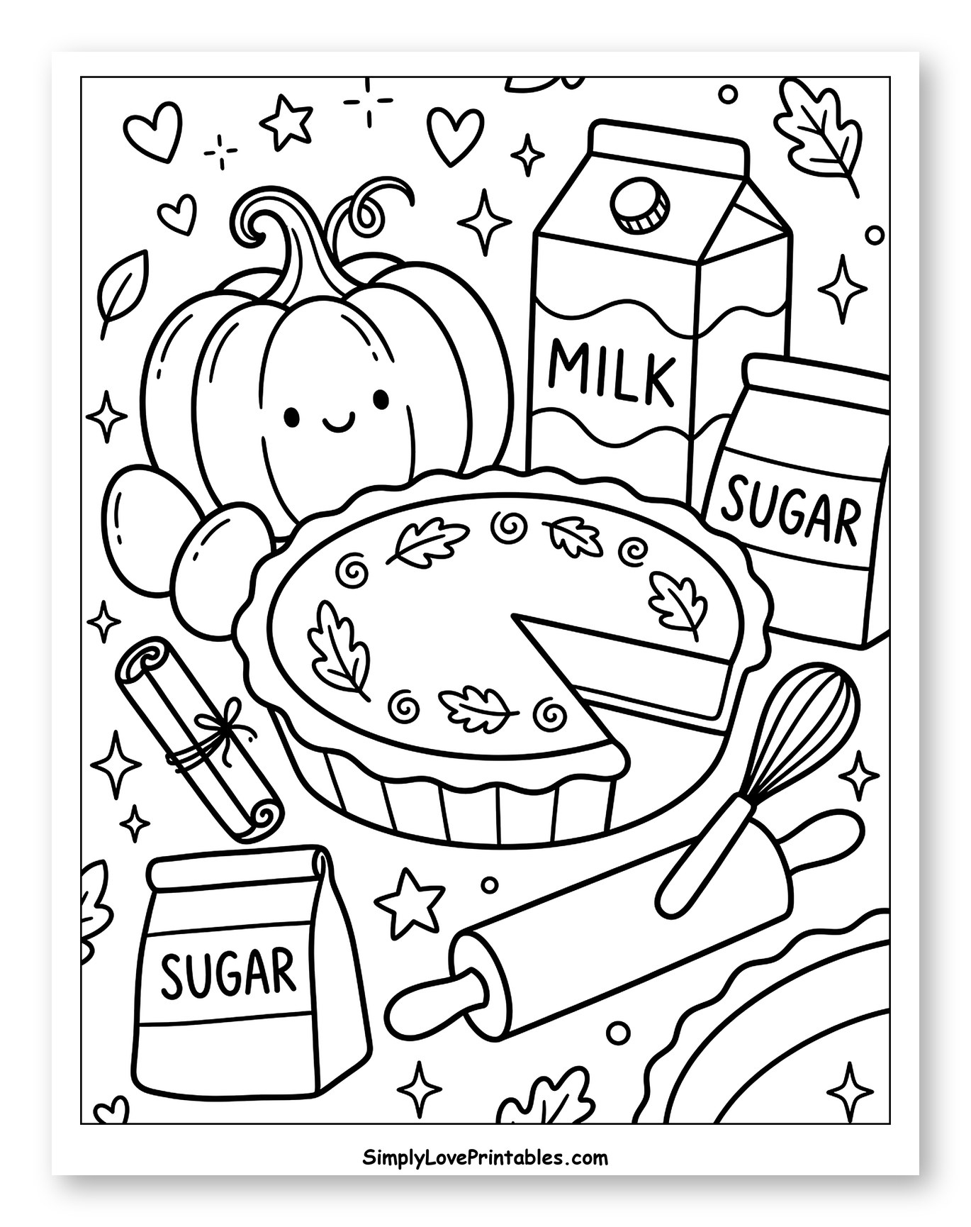 Cute Pumpkin Pie and Baking Supplies to Color for Adults