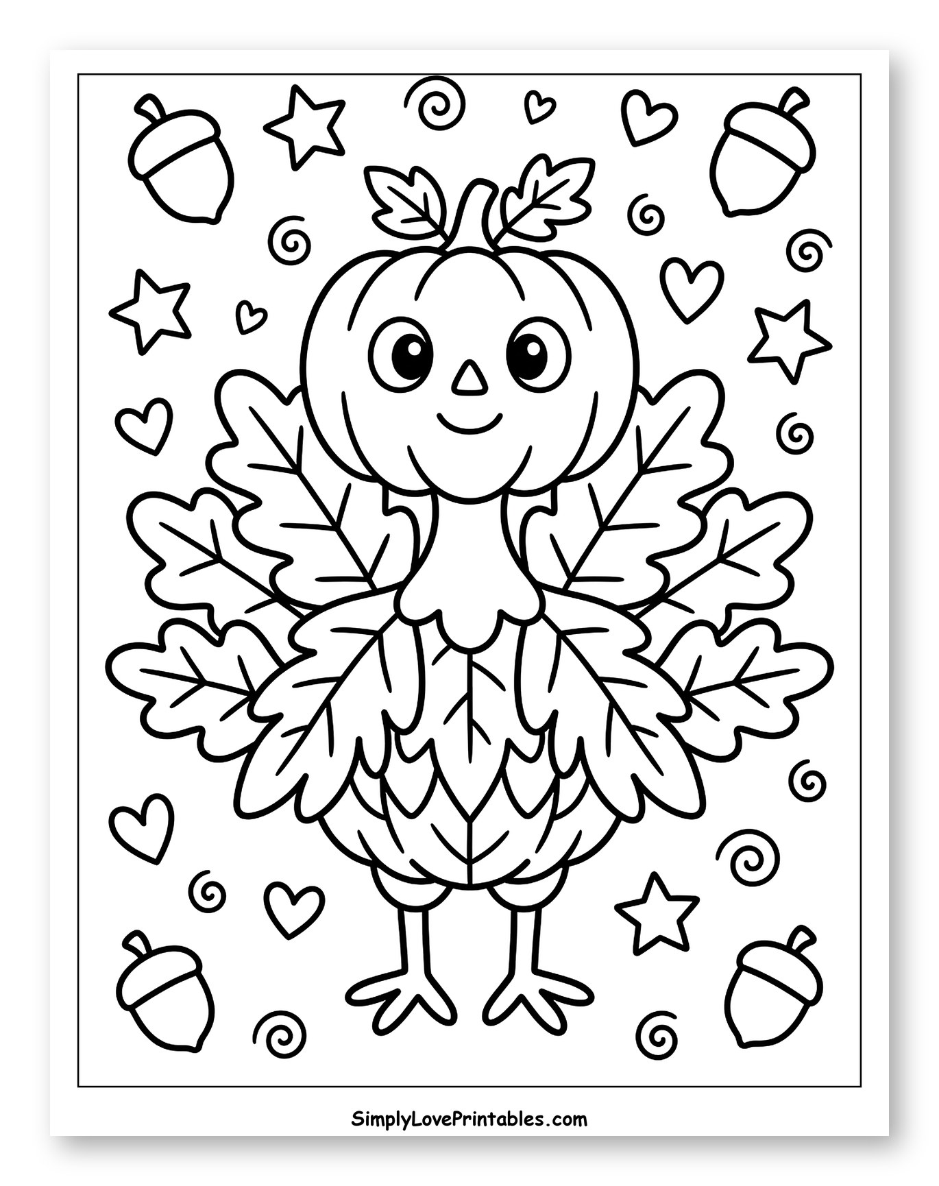 Cute Pumpkin Turkey with Fall Leaves and Acorns