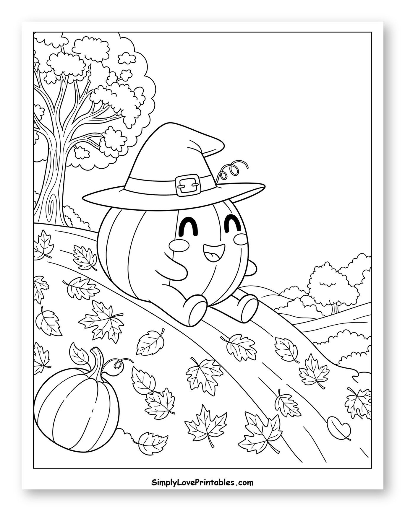 Cute Pumpkin with Witch Hat Sliding Down Hill Coloring Page for Kids