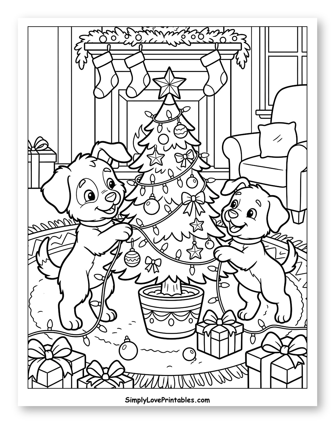 Cute Puppies Hanging Christmas Tree Lights to Color for Kids