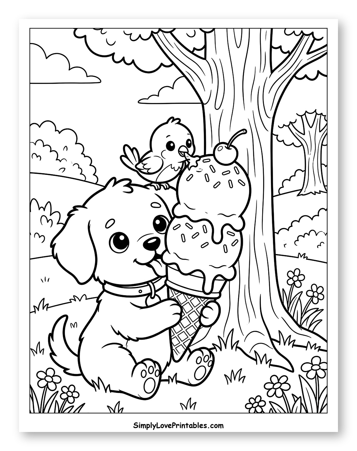 Cute Puppy and Bird Sharing Ice Cream Coloring Sheet for Kids
