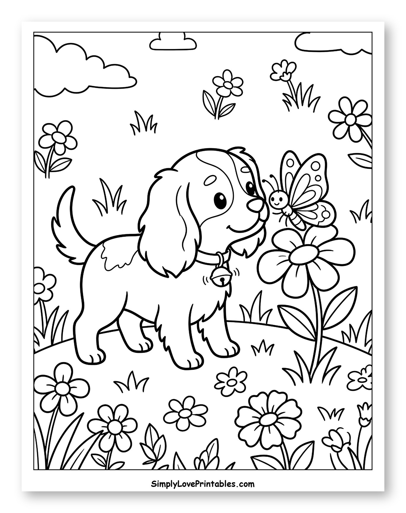 Cute Puppy and Butterfly in a Flower Field