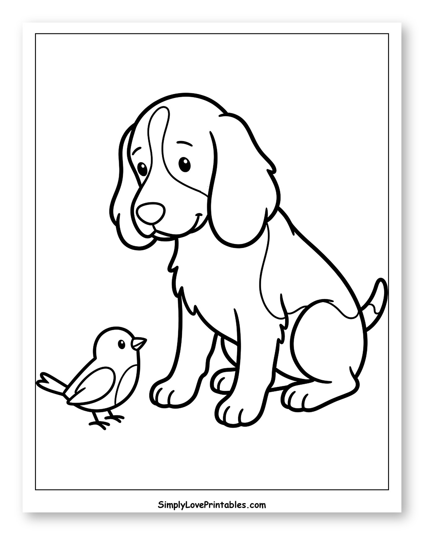 Cute Puppy and Little Bird Together to Color for Toddlers