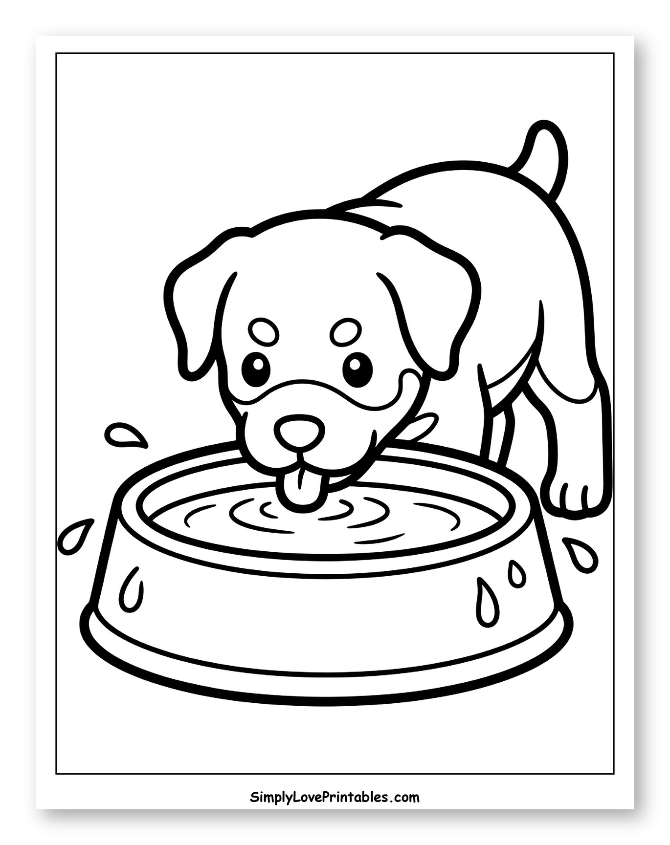 Cute Puppy Drinking Water from Bowl Coloring Sheet for Toddlers