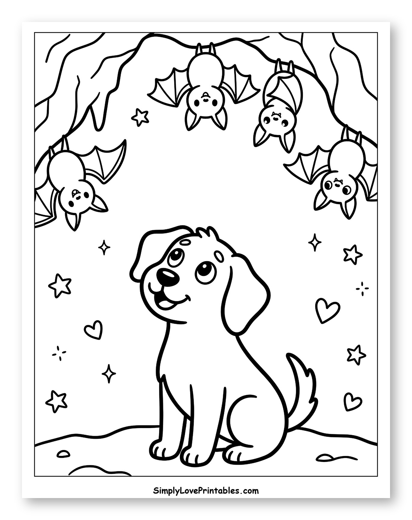 Cute Puppy Under Hanging Bats in Cave