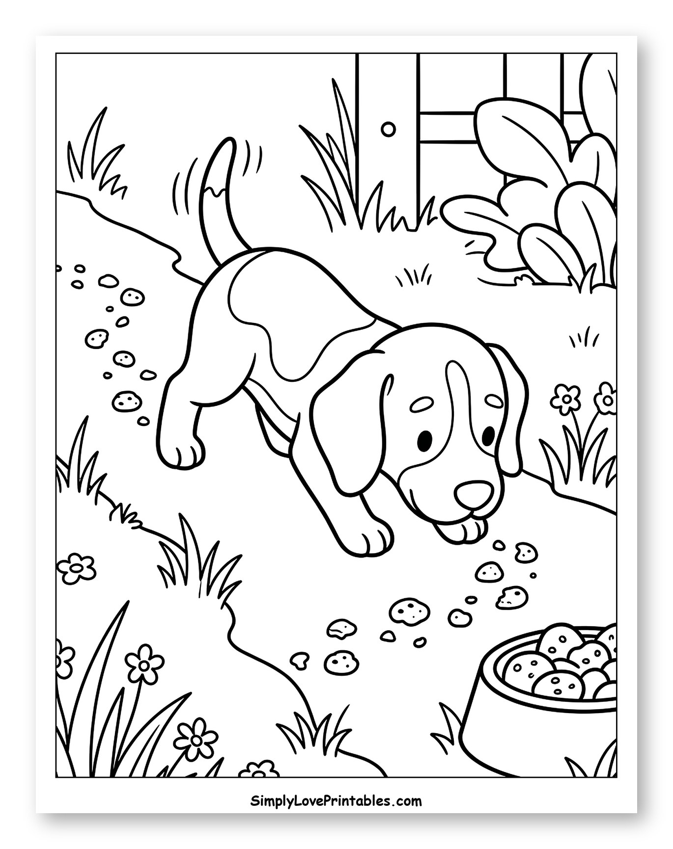 Cute Puppy Walking Towards Food Bowl Coloring Sheet for Kids