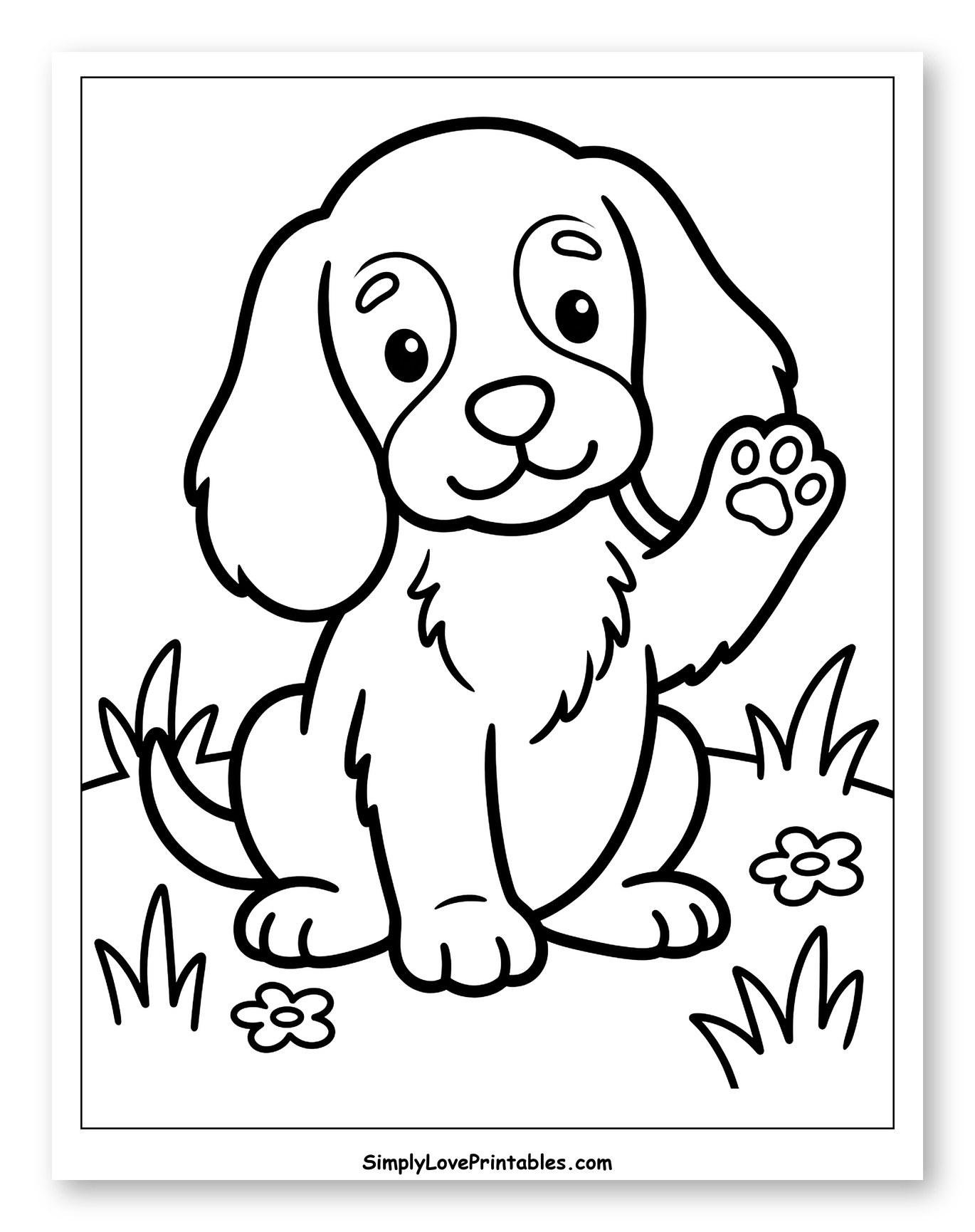 Cute Puppy Waving in the Grass Coloring Page for Toddlers