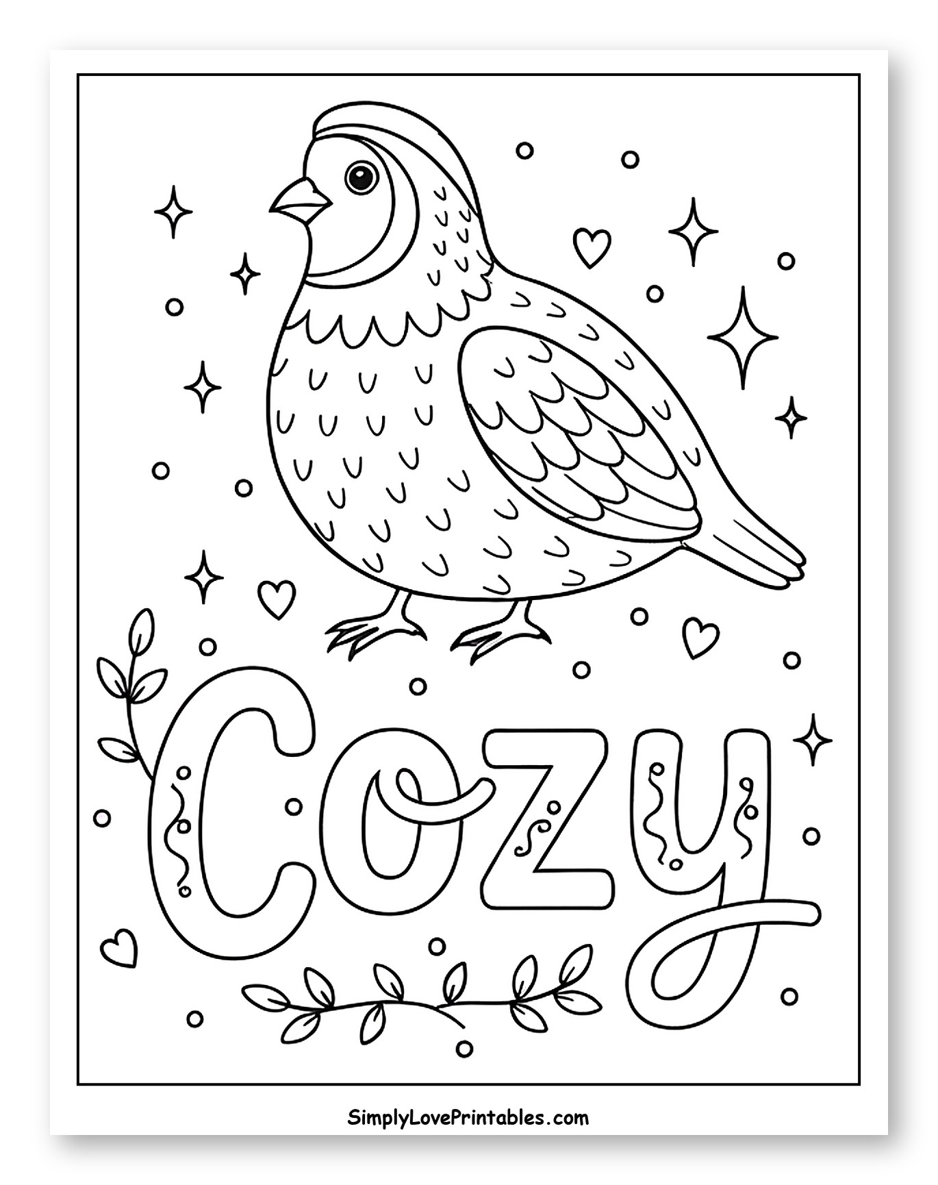 Cute Quail Bird with Cozy Lettering to Color for Adults