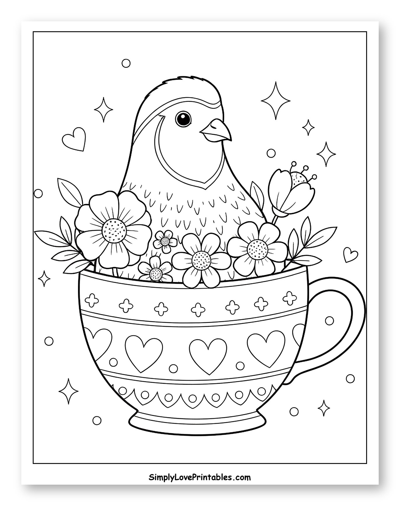 Cute Quail in a Flowery Teacup Coloring Sheet for Adults