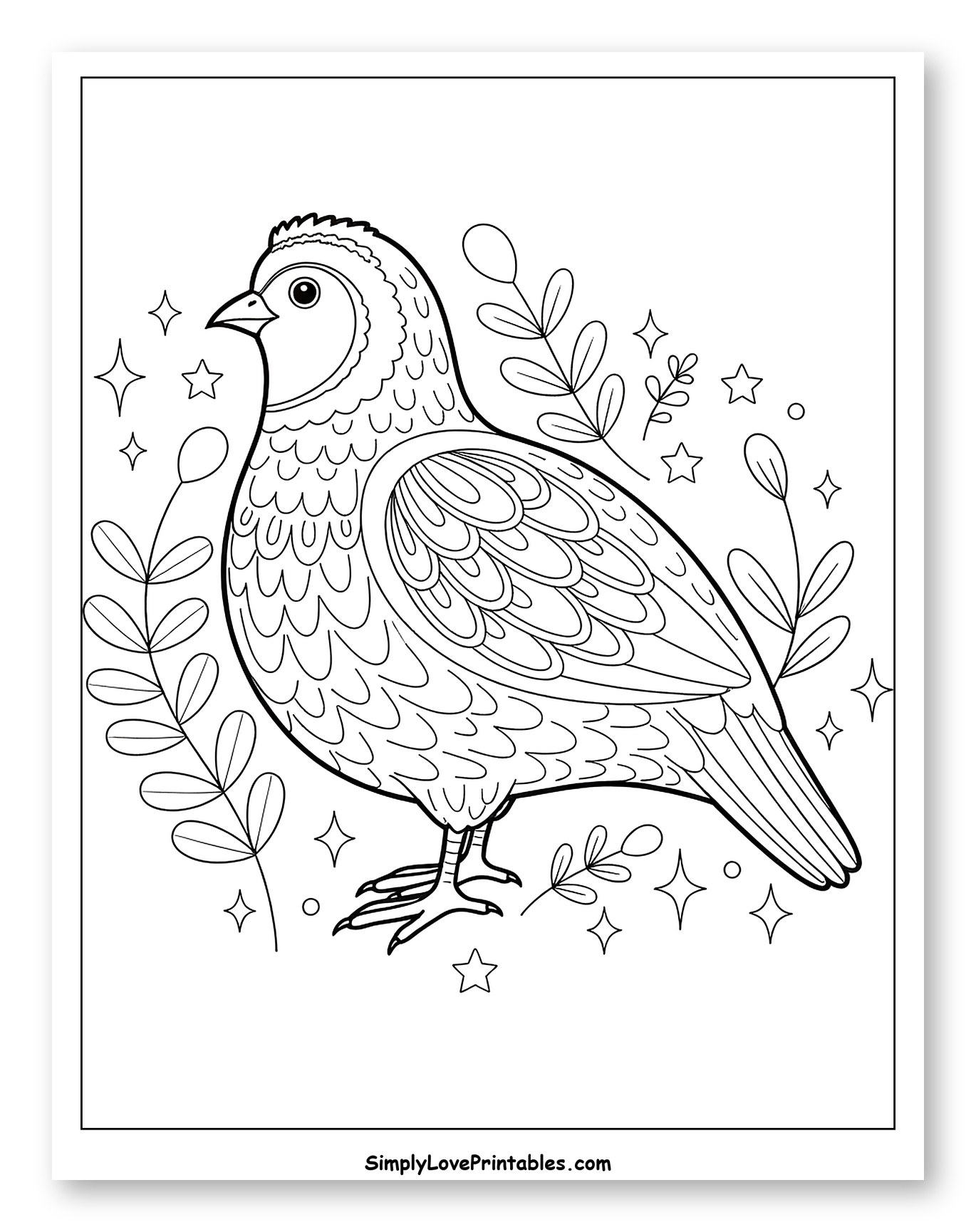Cute Quail Surrounded by Sparkling Stars and Leaves