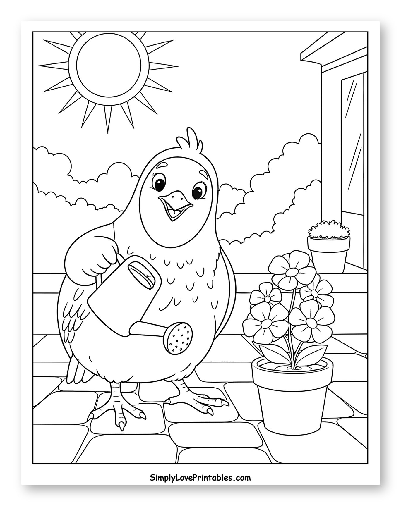 Cute Quail Watering Potted Flowers