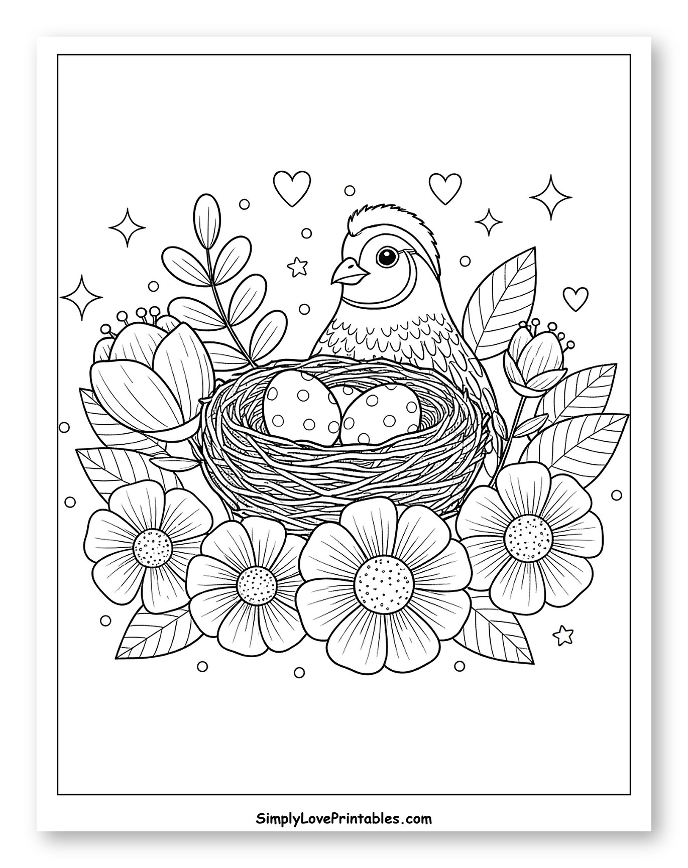Cute Quail with Nest and Spring Flowers