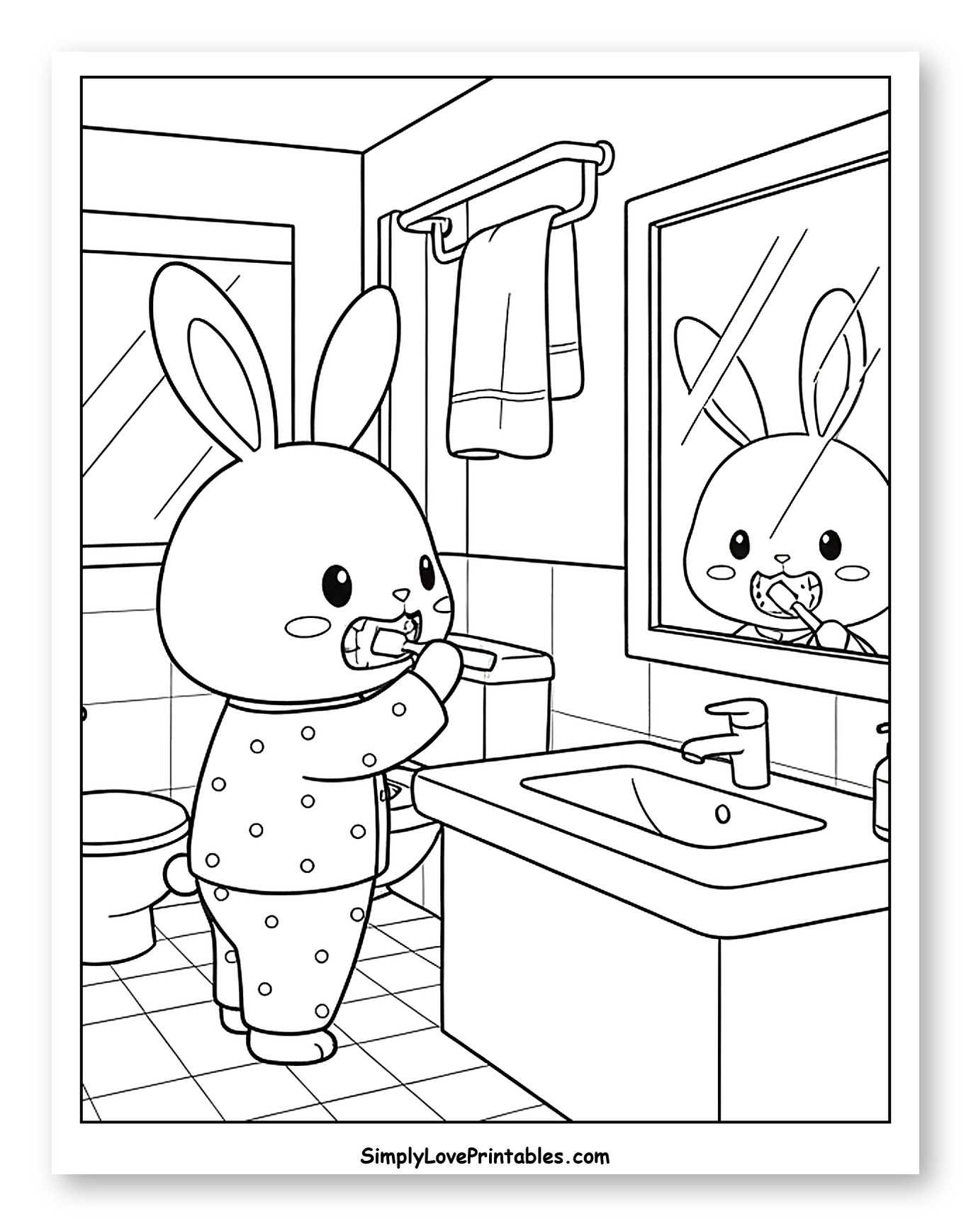 Cute Rabbit Brushing Teeth in Bathroom to Color for Kids