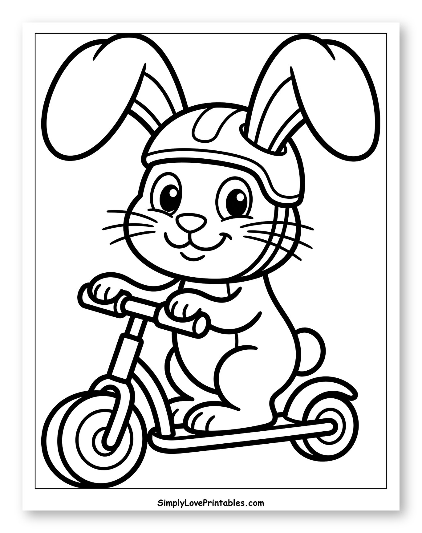Cute Rabbit Riding a Scooter with a Helmet Coloring Page for Toddlers