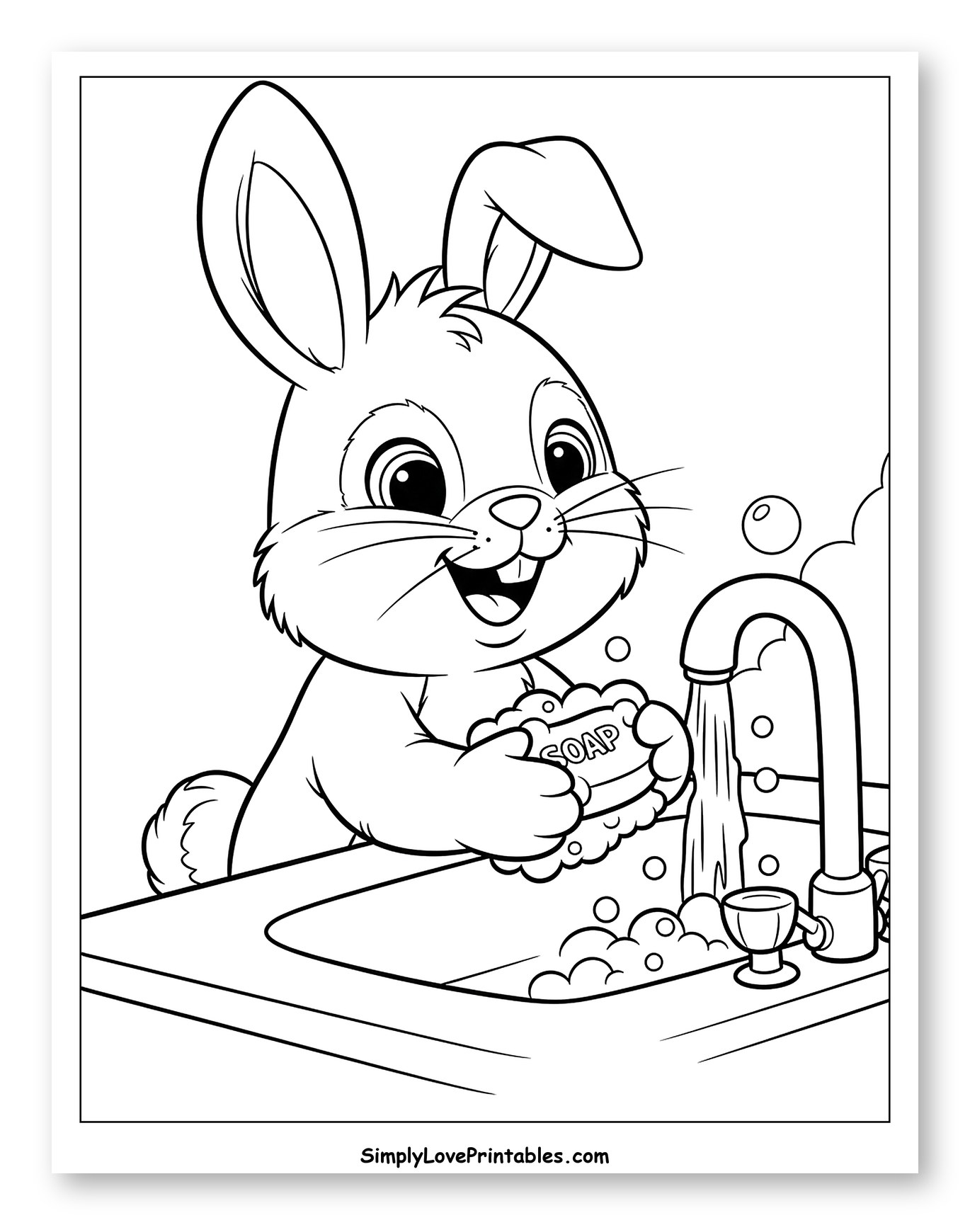 Cute Rabbit Washing Hands with Soap Coloring Sheet for Kids