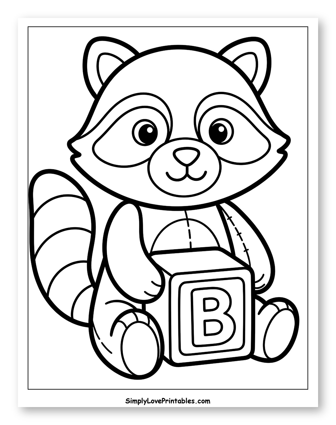 Cute Raccoon Stuffed Animal Holding 'B' Block Coloring Page for Toddlers