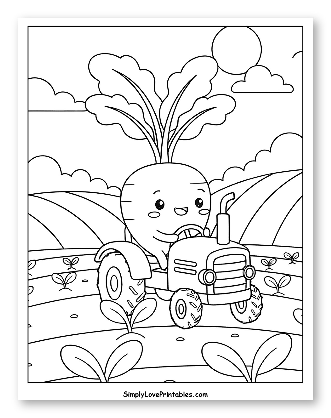 Cute Radish Driving a Tractor in a Field Coloring Sheet for Kids
