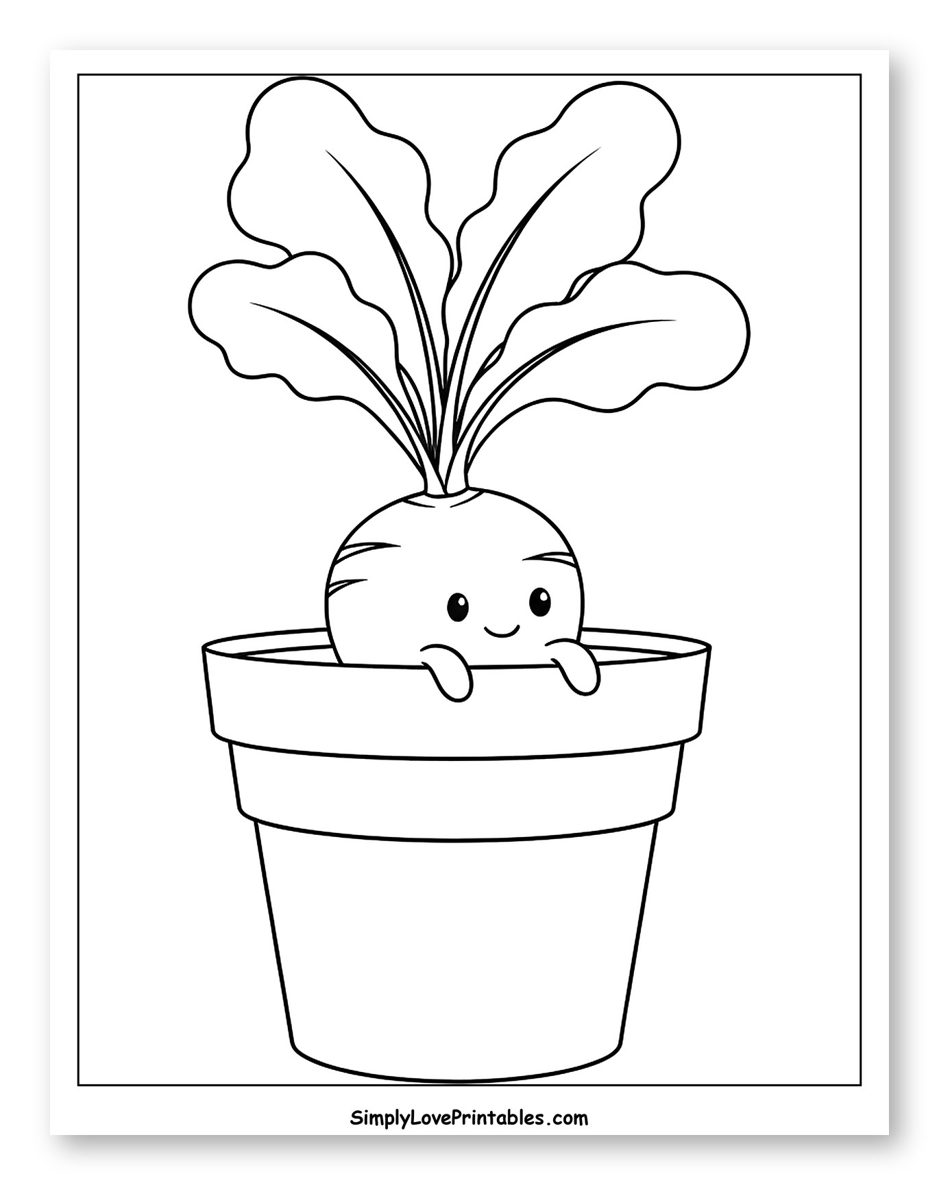 Cute Radish Peeking from a Pot Coloring Sheet for Toddlers