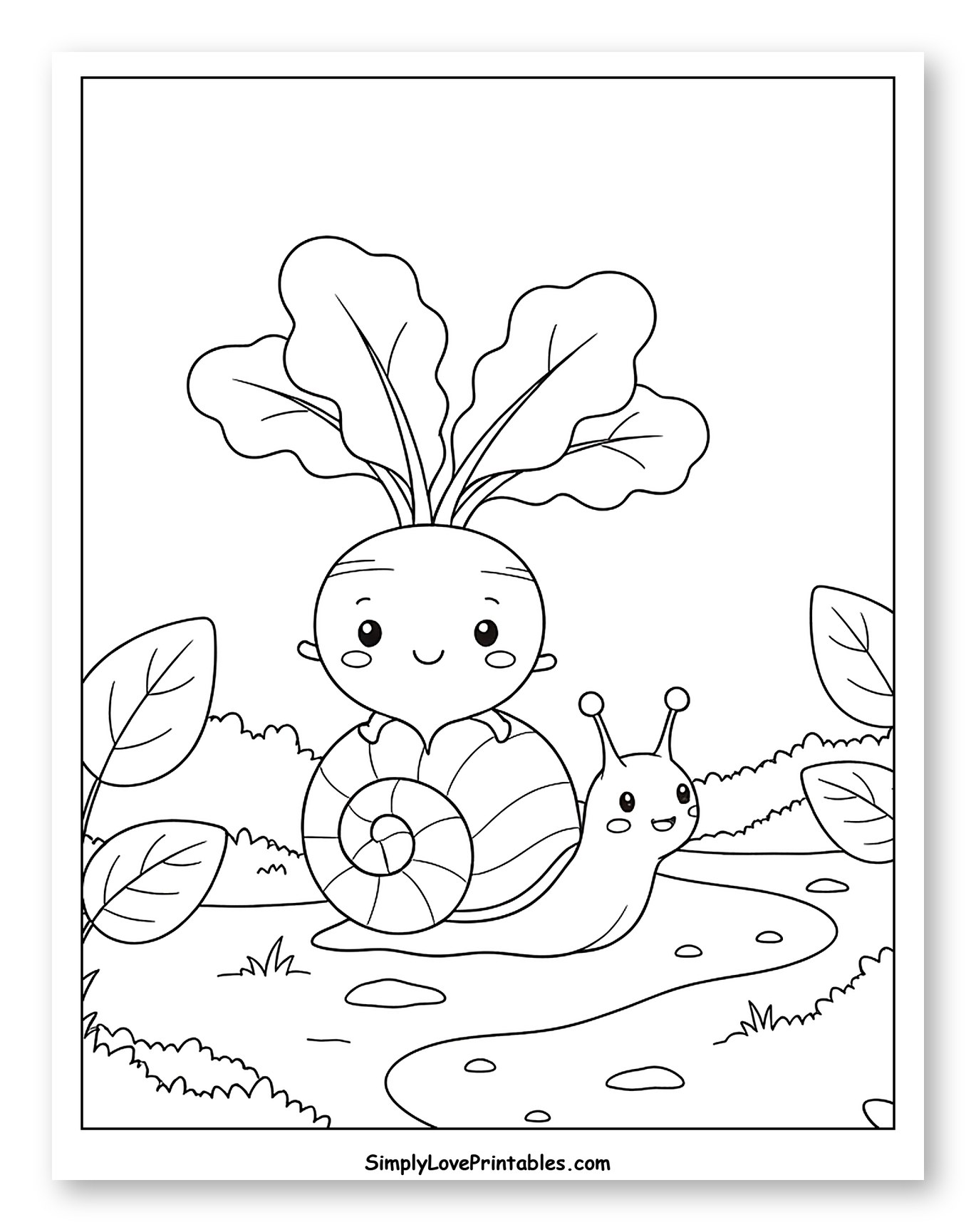 Cute Radish Riding a Snail in a Garden Coloring Page for Kids