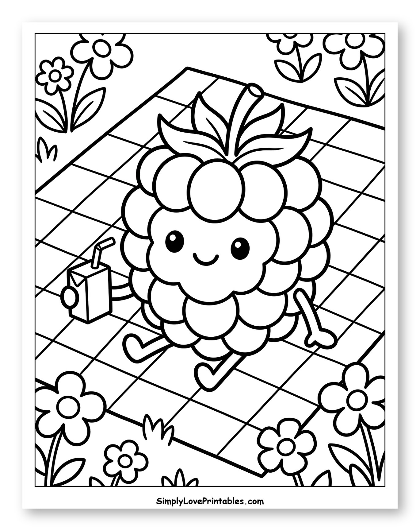 Cute Raspberry Character on a Picnic Blanket Coloring Page for Kids