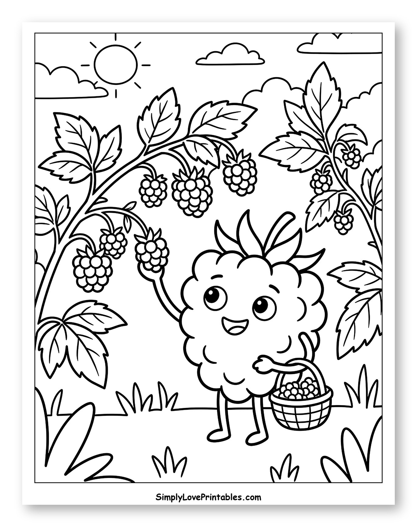 Cute Raspberry Character Picking Berries Coloring Sheet for Kids