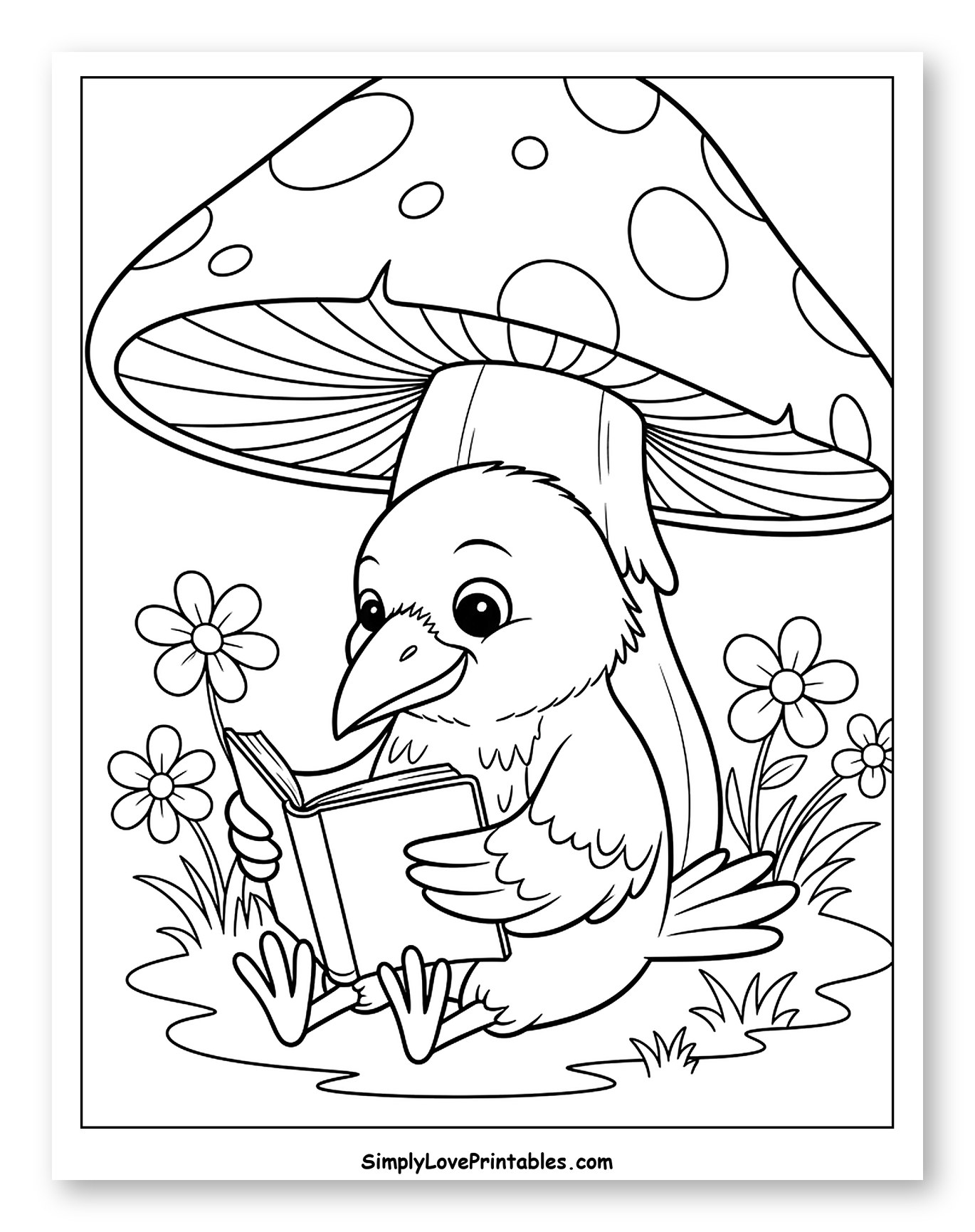 Cute Raven Reading Book Under Mushroom