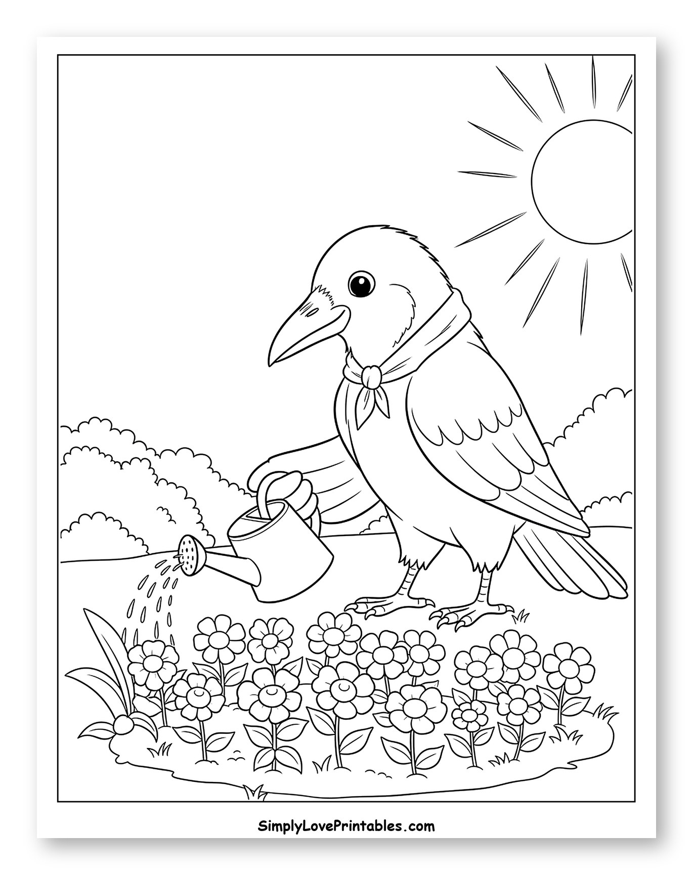 Cute Raven Watering Flowers in a Garden to Color for Kids