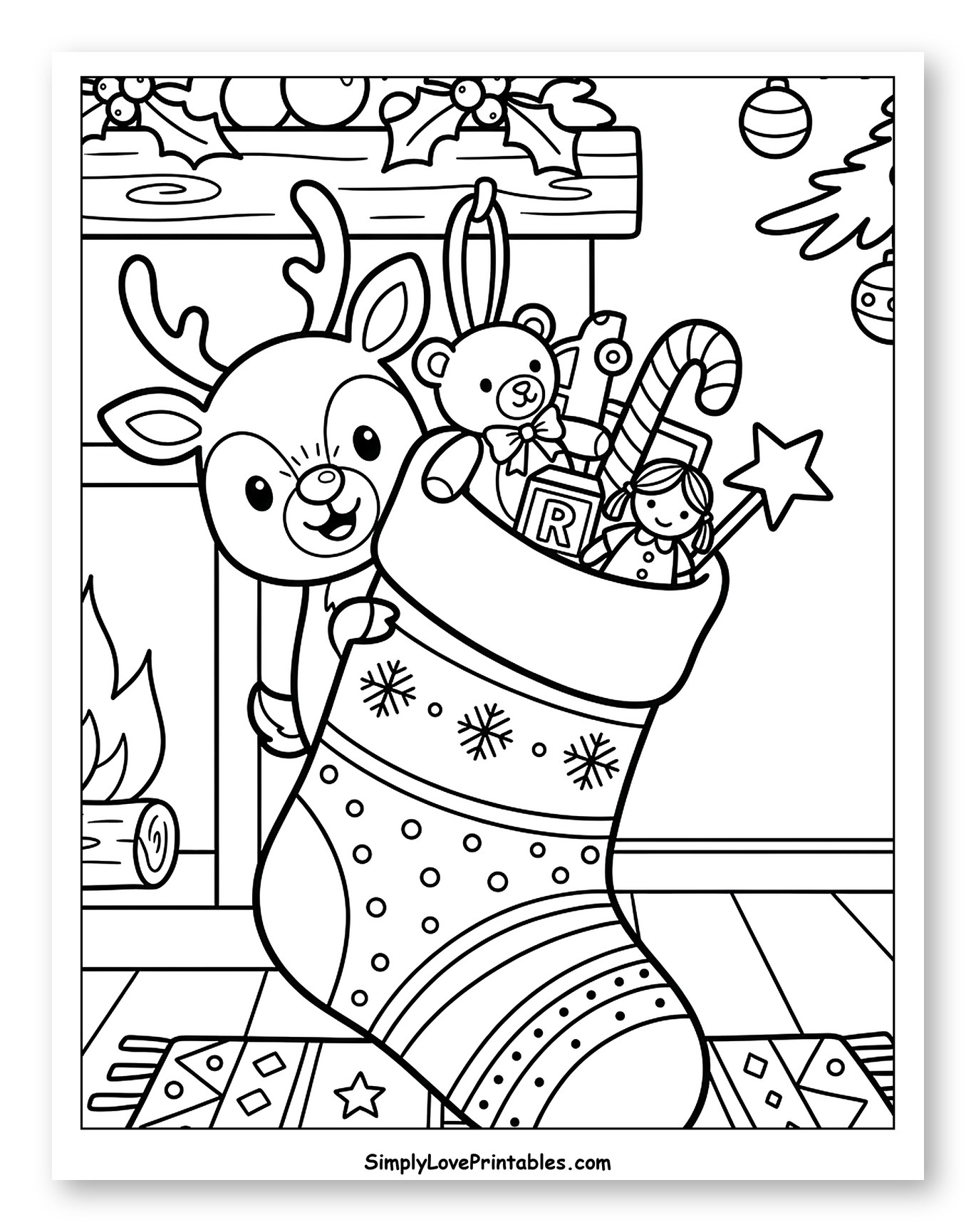 Cute Reindeer Peeking Behind a Christmas Stocking Coloring Page for Kids