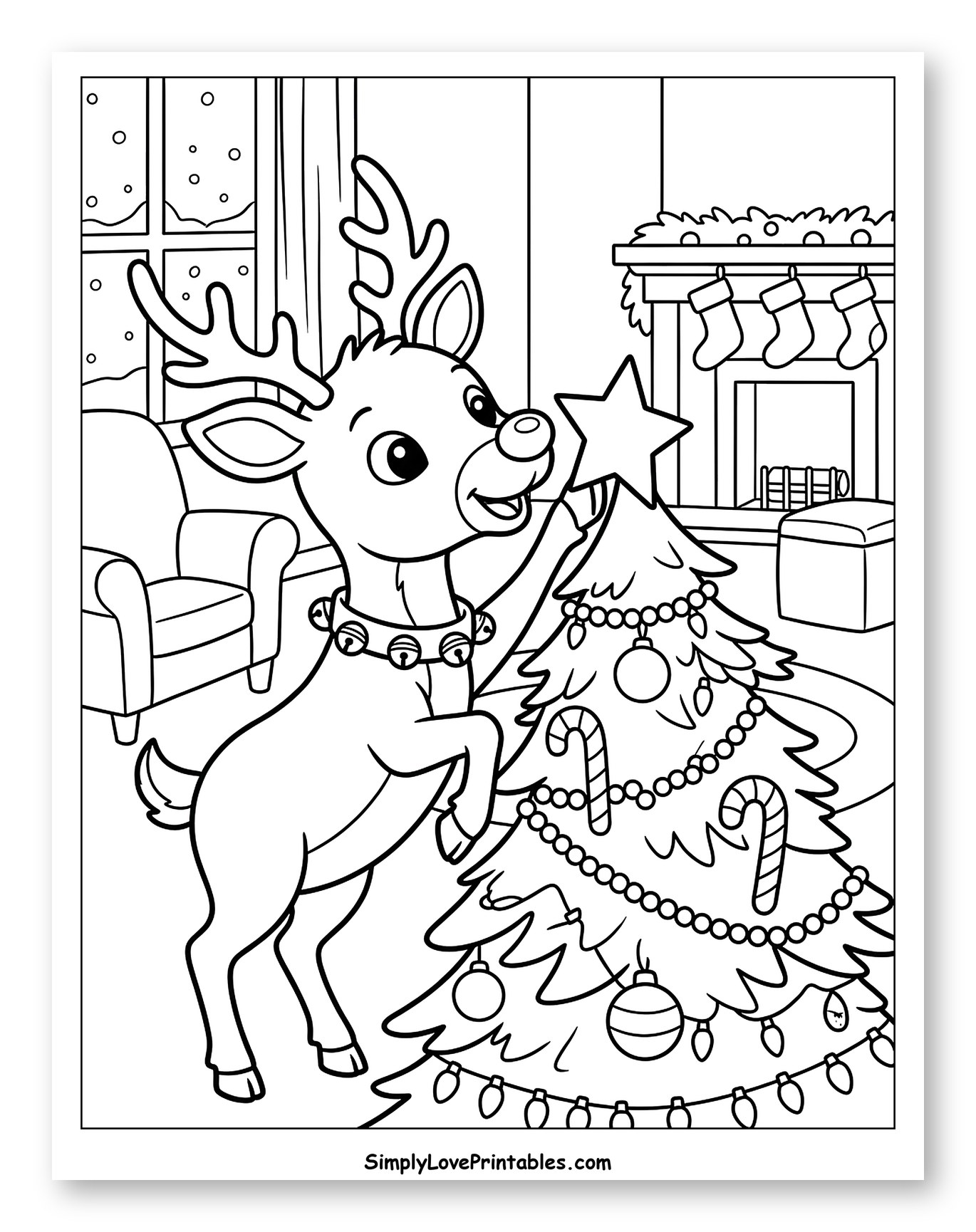 Cute Reindeer Placing a Star on the Christmas Tree Coloring Page for Kids