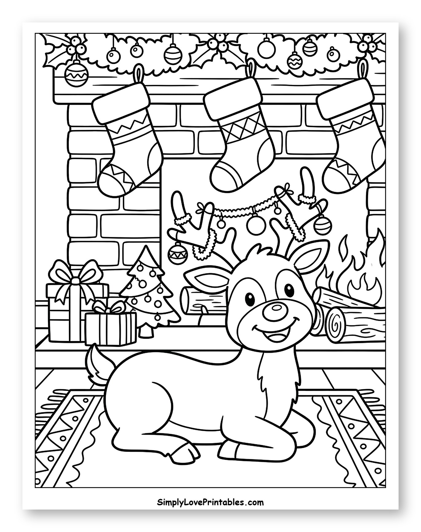 Cute Reindeer Resting by the Christmas Fireplace