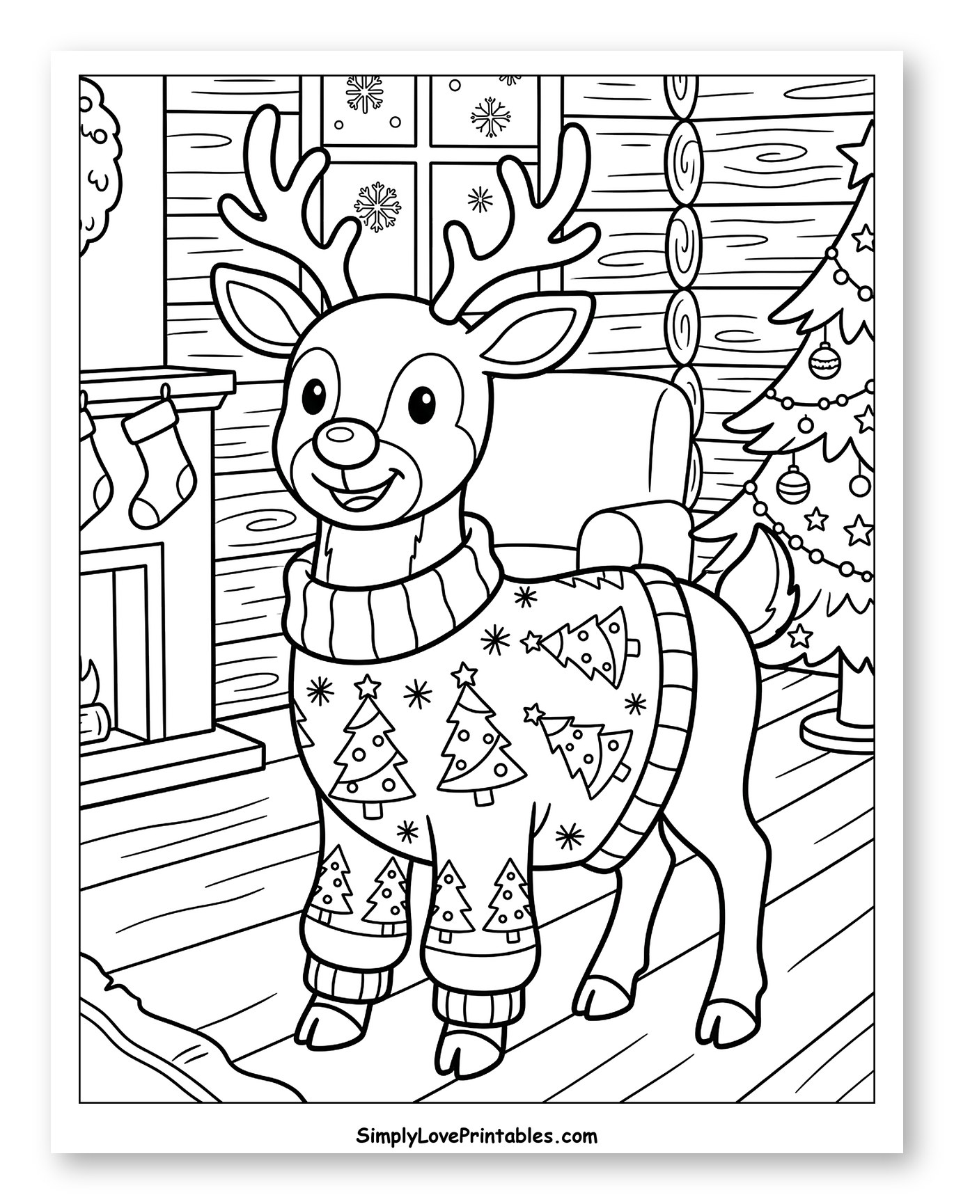 Cute Reindeer Wearing a Festive Christmas Sweater to Color for Kids