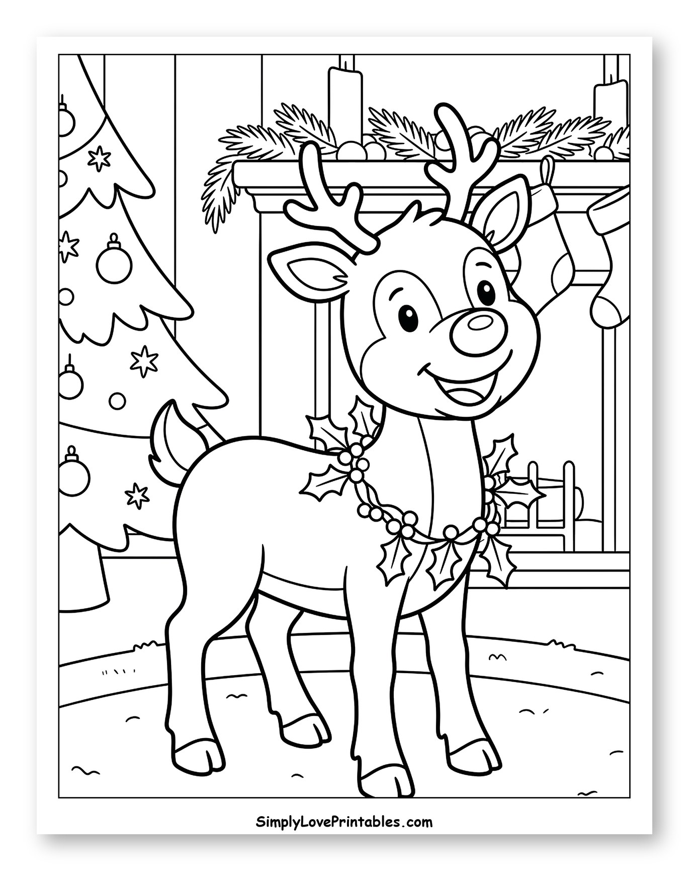 Cute Reindeer with Holly Garland by the Fireplace