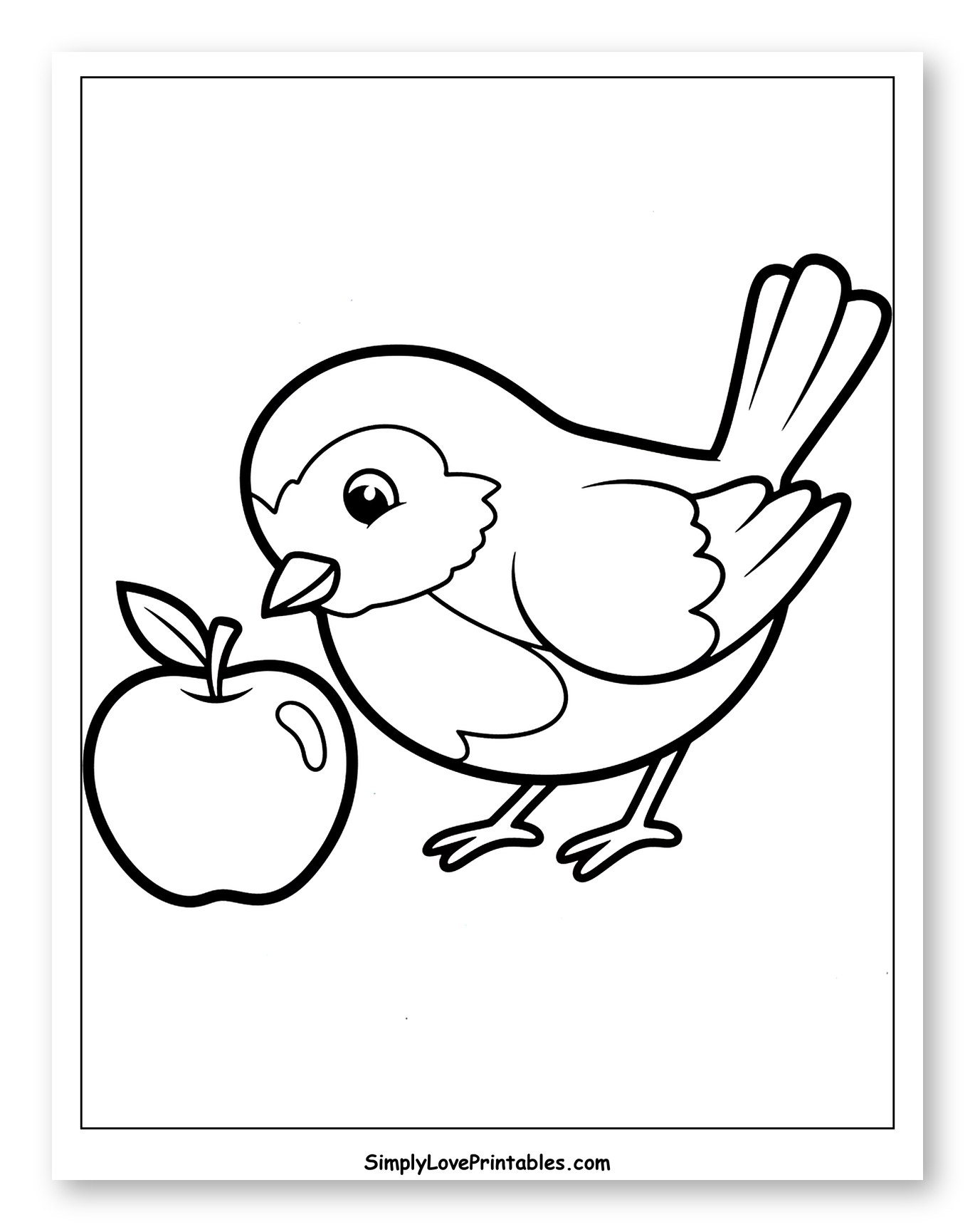 Cute Robin Bird Looking at an Apple Coloring Sheet for Toddlers