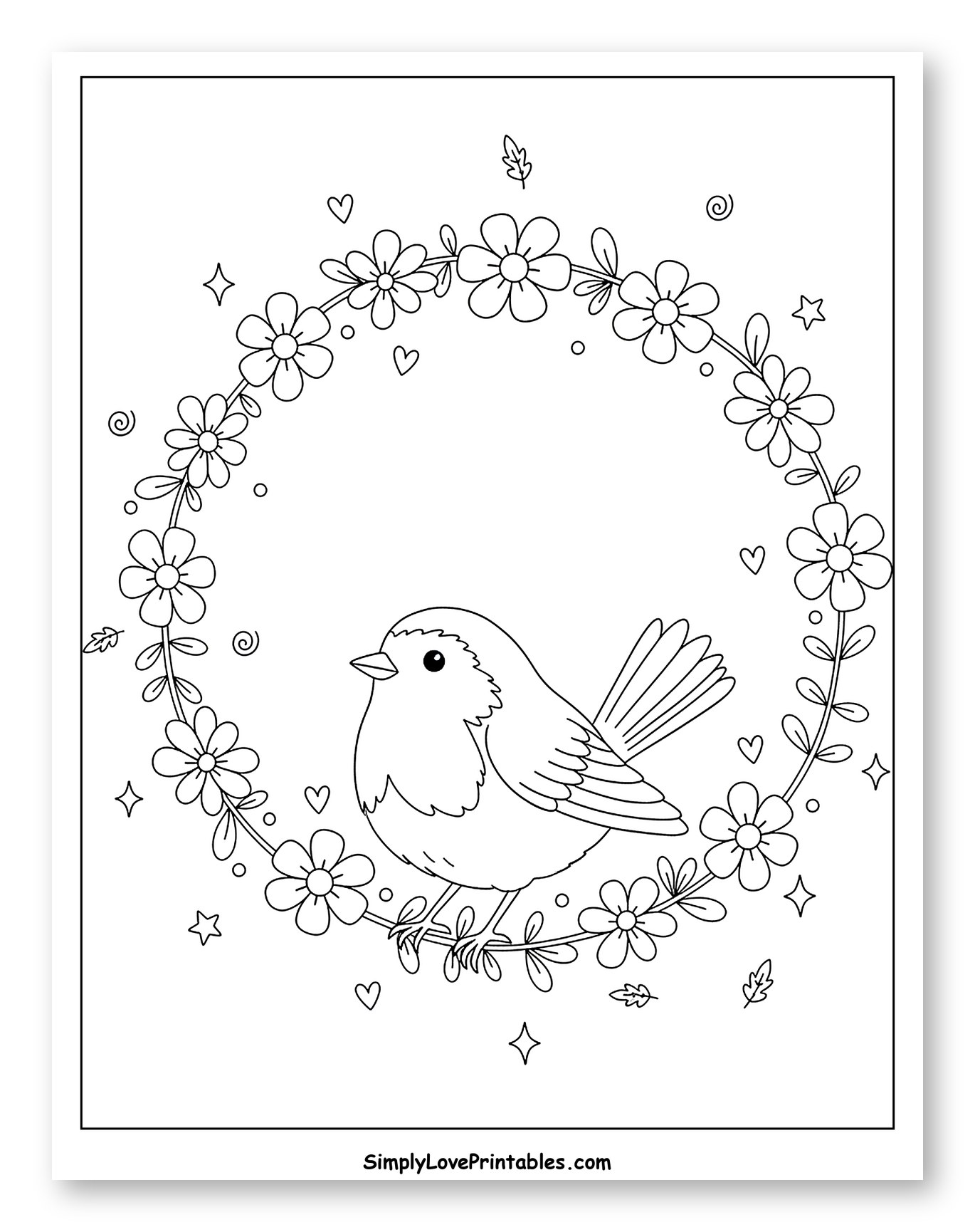 Cute Robin Bird on a Floral Wreath to Color for Adults