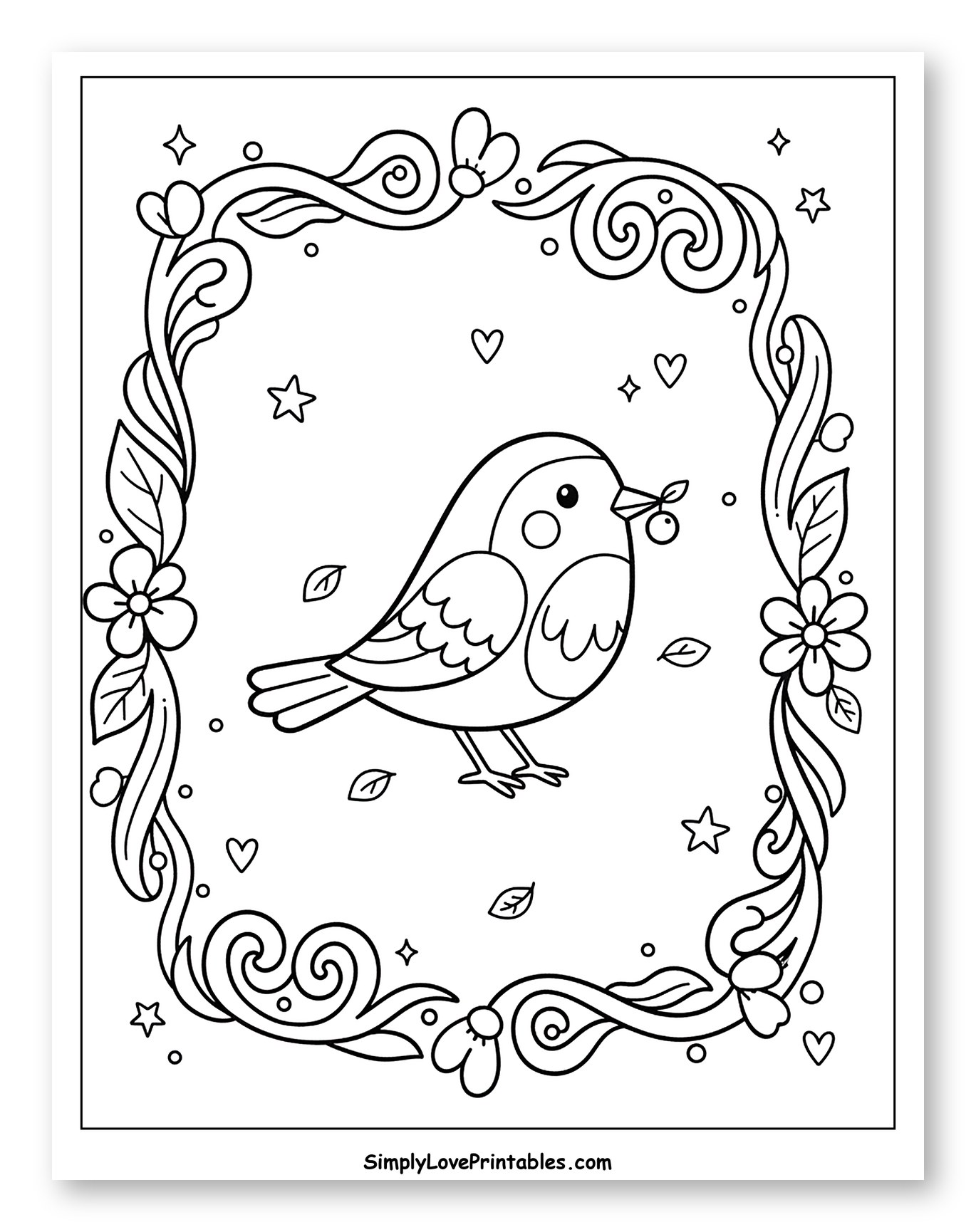 Cute Robin Bird with Berry in Floral Frame Coloring Sheet for Adults