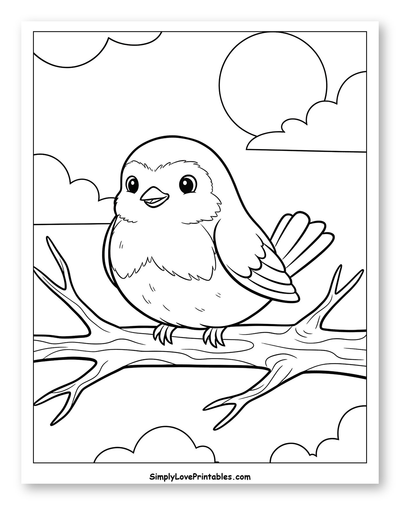 Cute Robin Perched on Tree Branch Coloring Page for Toddlers