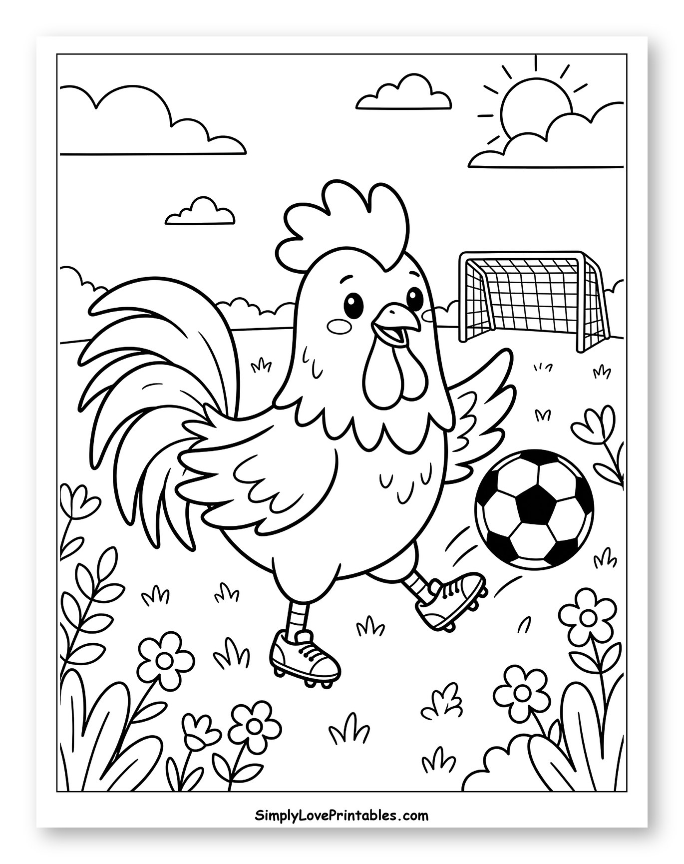 Cute Rooster Playing Soccer on Field Coloring Page for Kids
