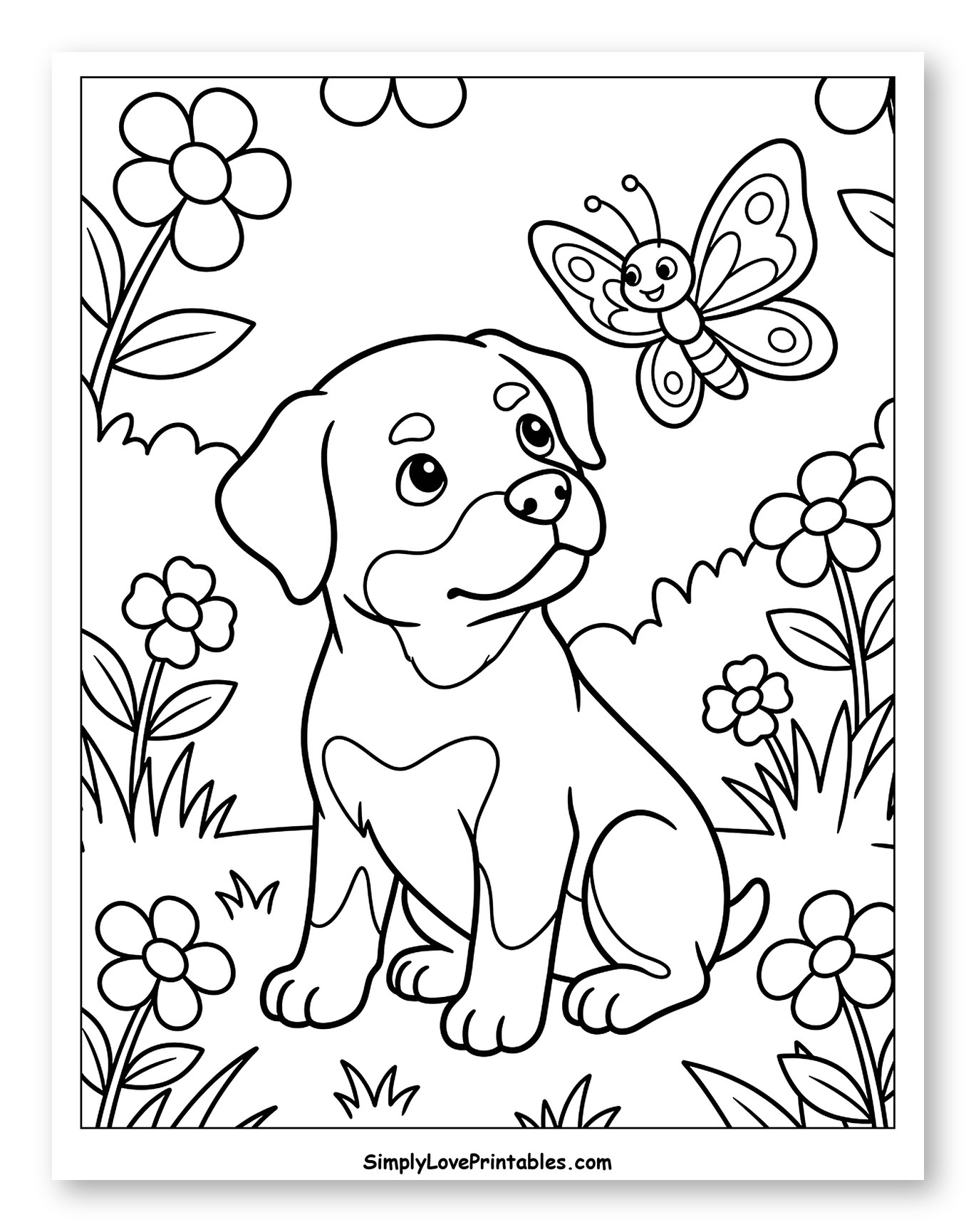 Cute Rottweiler Puppy with Butterfly and Flowers Coloring Sheet for Kids