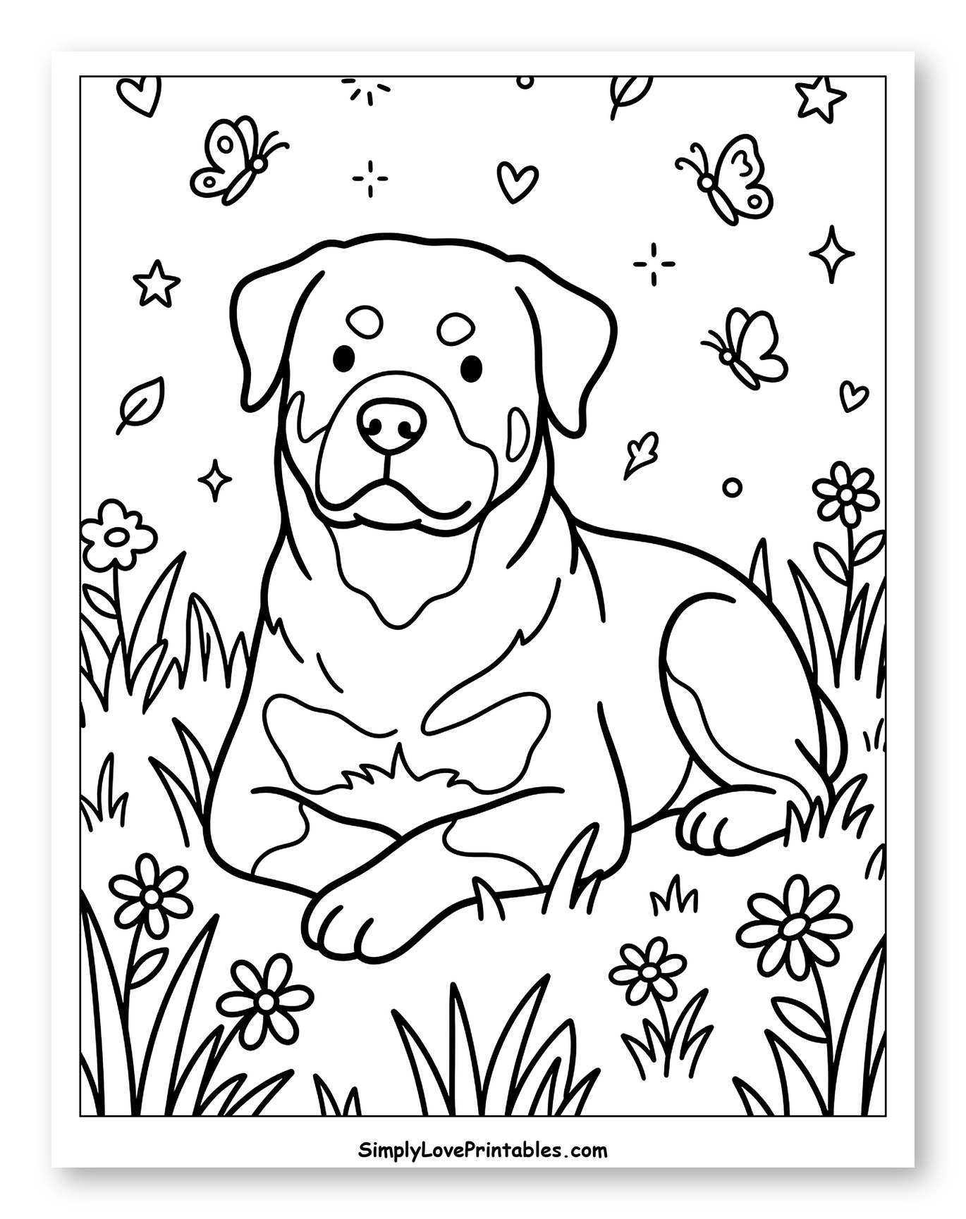 Cute Rottweiler Relaxing in a Grassy Field Coloring Sheet for Adults