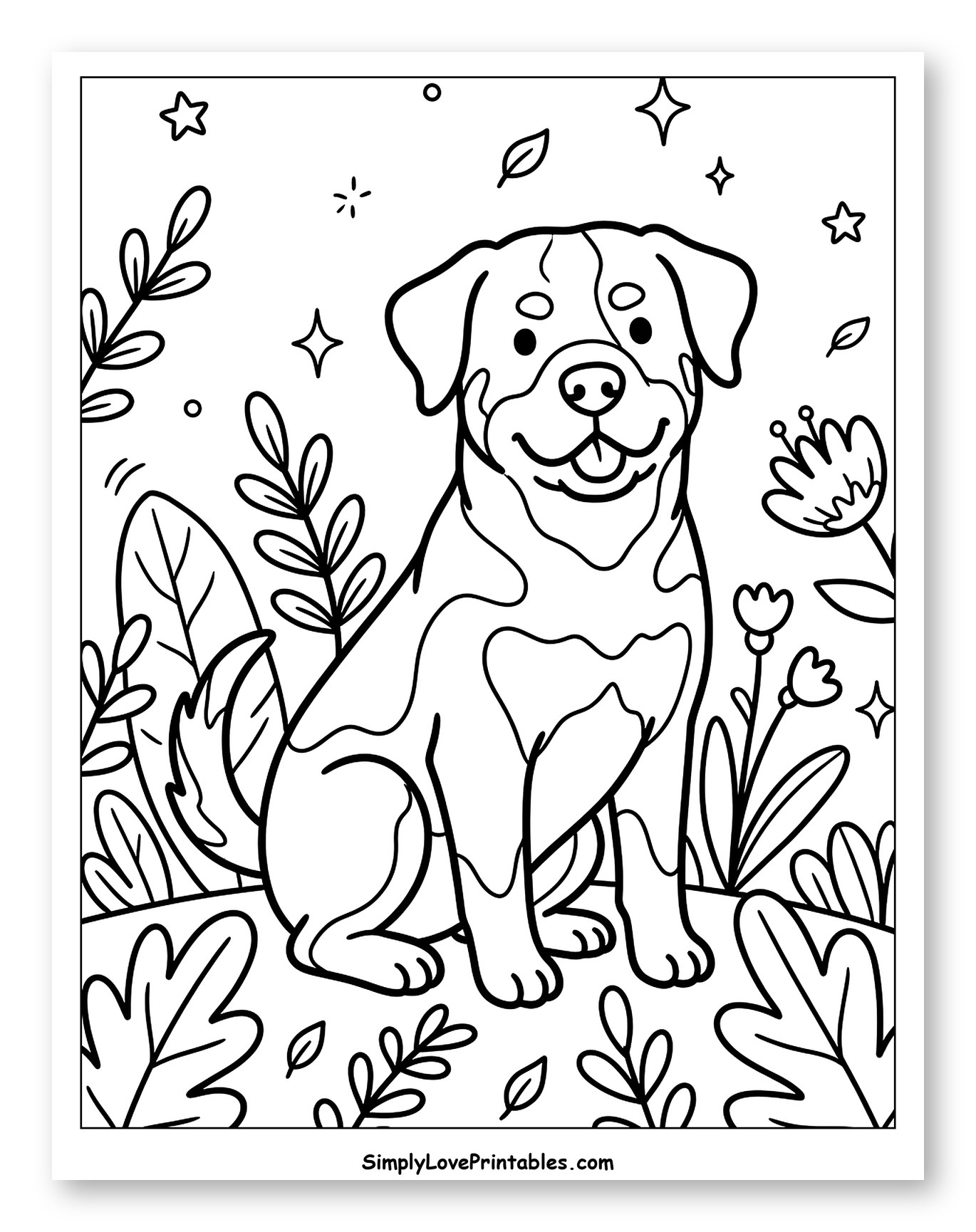 Cute Rottweiler Sitting Among Plants and Stars to Color for Adults