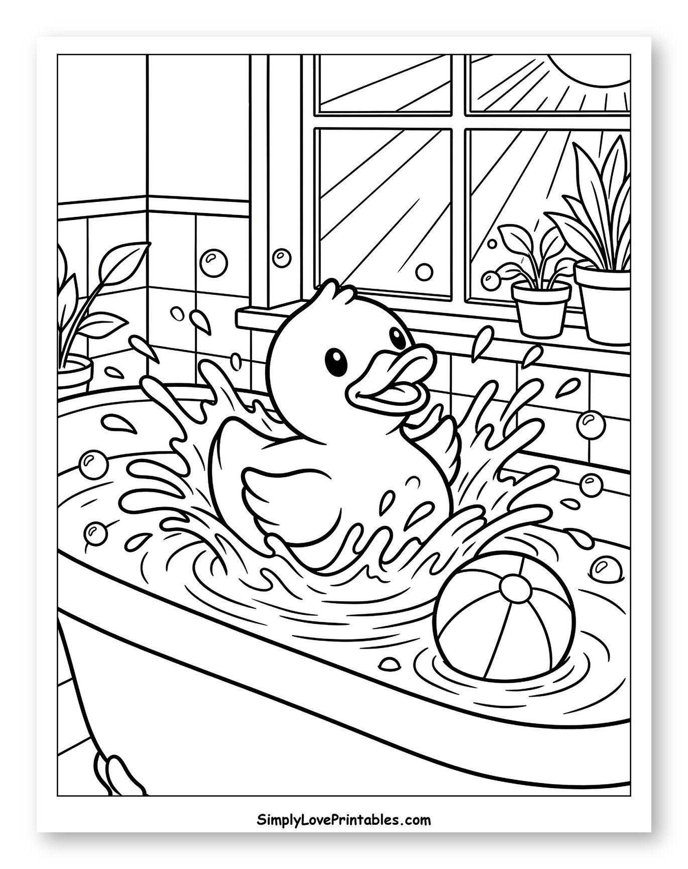 Cute Rubber Duck Splashing in Bathtub Coloring Sheet for Kids