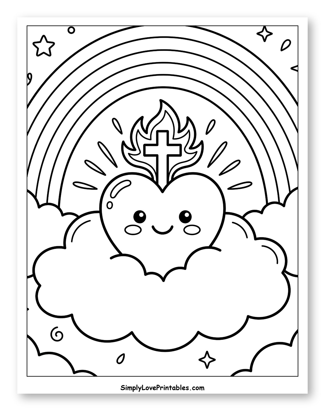 Cute Sacred Heart on Cloud with Rainbow to Color for Kids