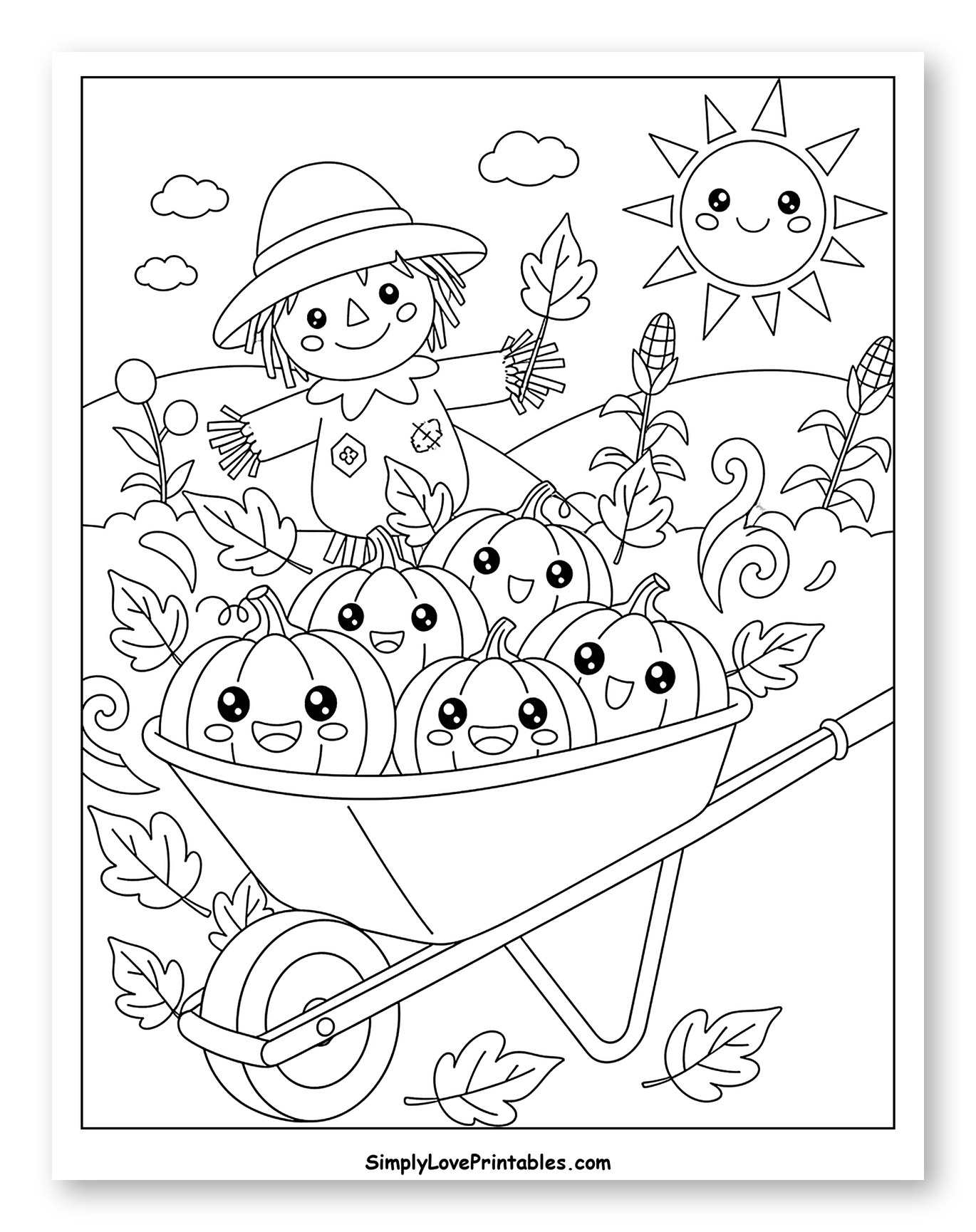 Cute Scarecrow and Happy Pumpkins in a Wheelbarrow