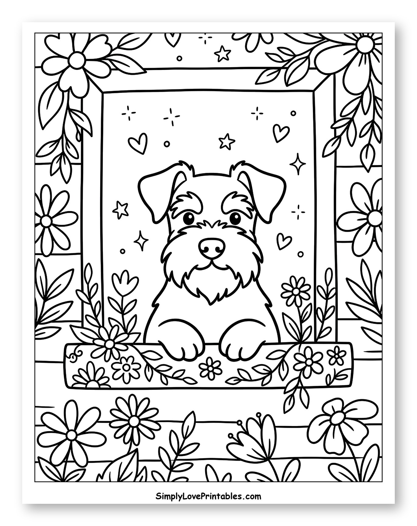 Cute Schnauzer Peeking from a Flower-Filled Window to Color for Adults