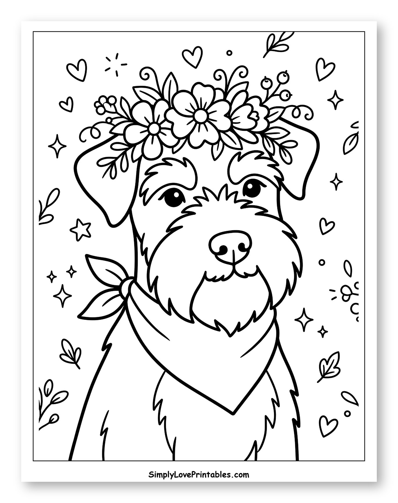 Cute Schnauzer Wearing a Flower Crown and Bandana Coloring Page for Adults