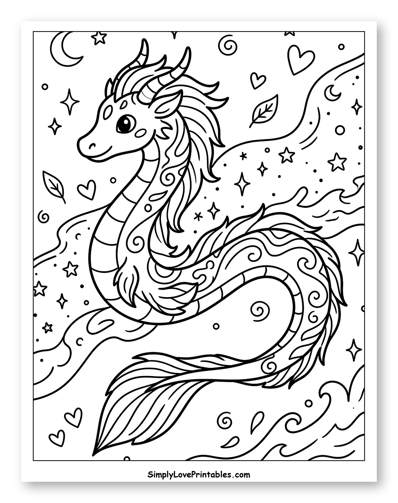 Cute Sea Serpent with Celestial and Wave Patterns
