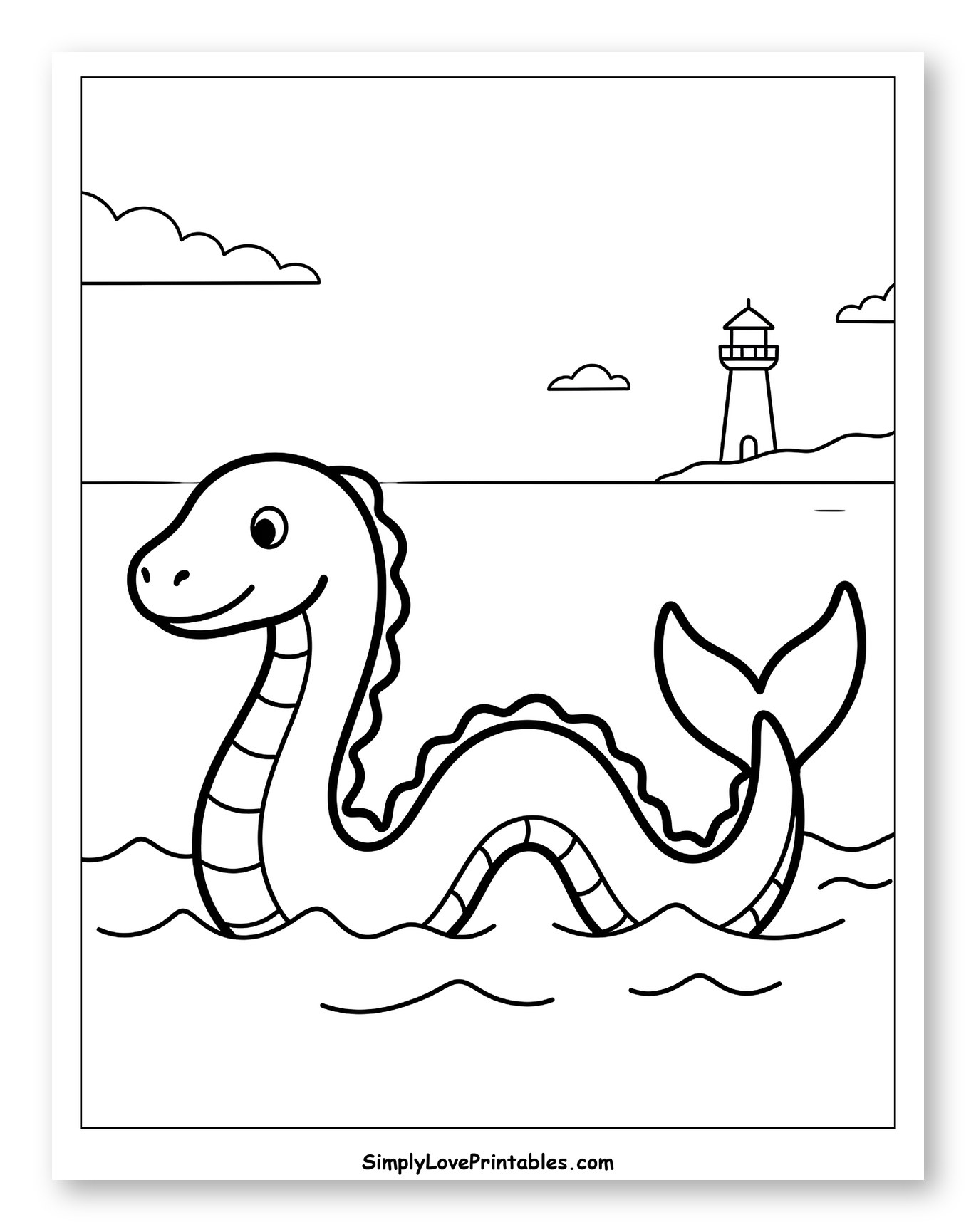 Cute Sea Serpent with Lighthouse to Color for Toddlers